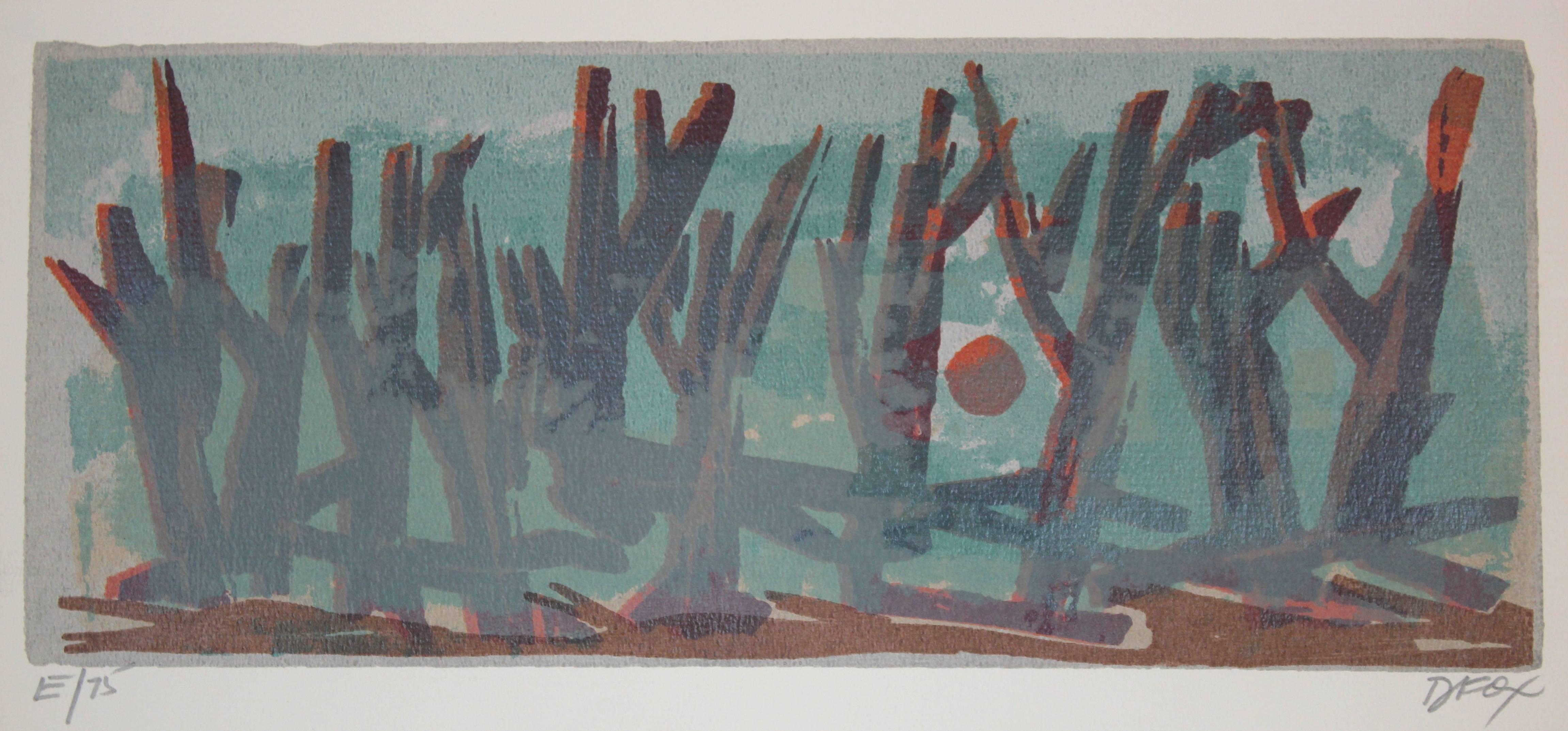 Dave Fox Landscape Print - Forest and Moon Through Fog, Serigraph on Paper, Late 20th Century