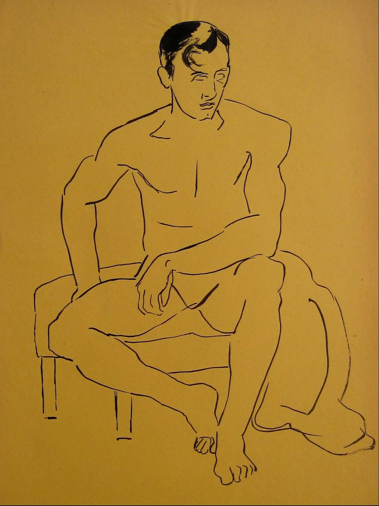 Helen Sewell Rennie Portrait - Modernist Male Figure in Ink, Circa 1940s