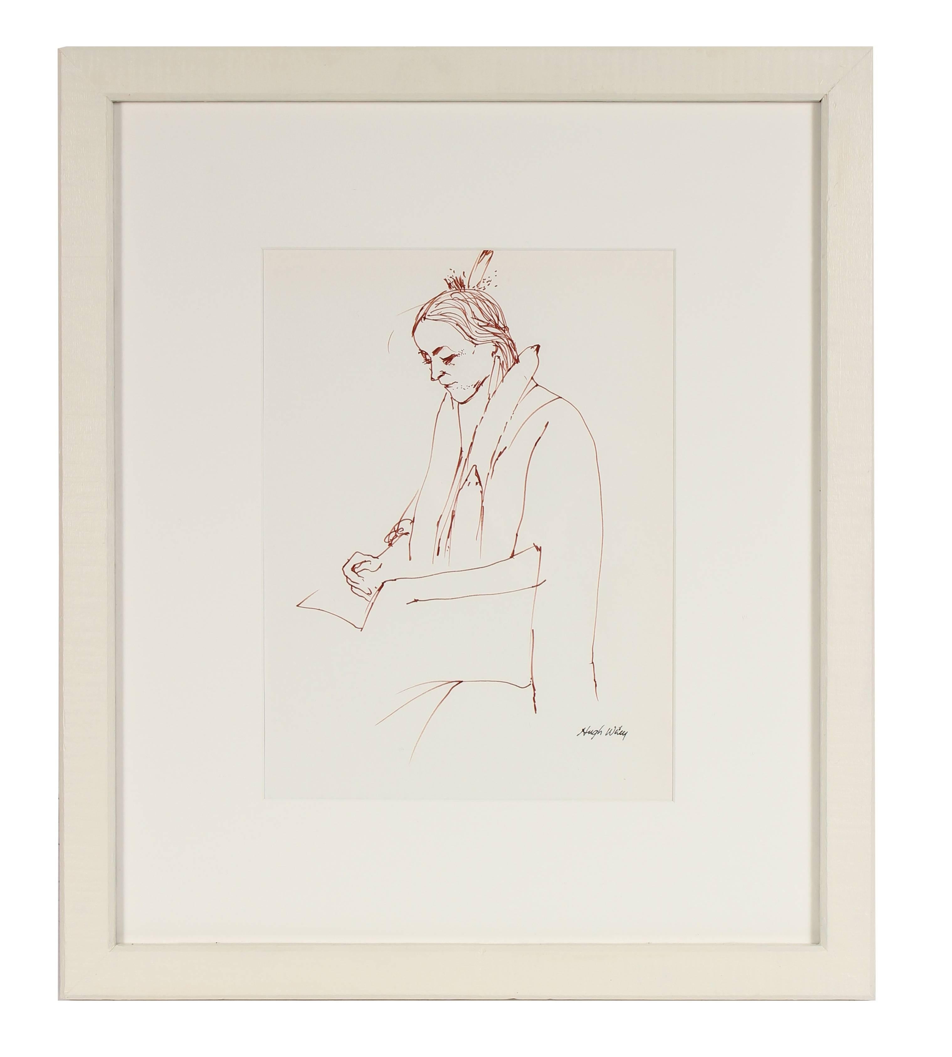 This 1974 brown ink on paper portrait of a seated woman is by Northern California artist Hugh Wiley (1922-2013).  Wiley studied at the Pennsylvania Academy of the Fine Arts and in Mexico City under Carlos Merida. He showed at the NYC Bertha