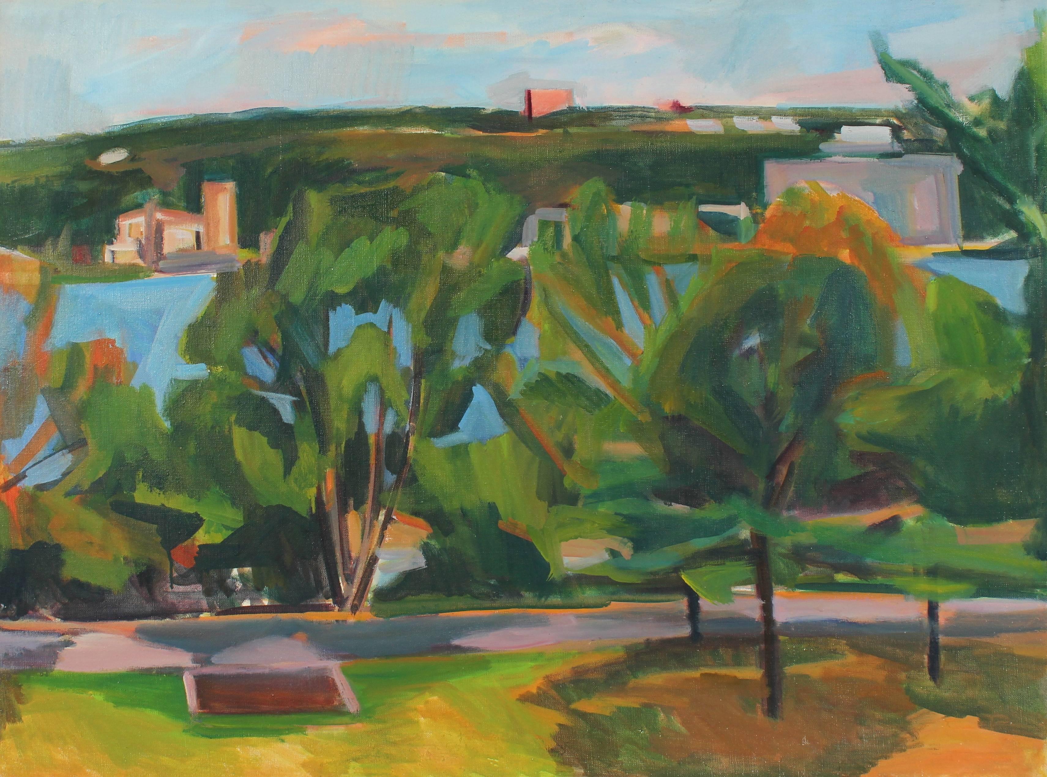 Cityscape with Trees and Lake, Oil on Canvas, 20th Century