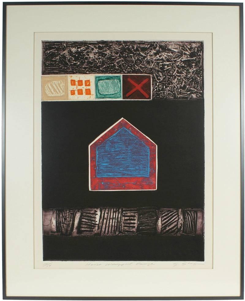 Gary Lee Shaffer Abstract Print - "House Wrapped Orange" Large Abstract Collograph, Circa 1970s