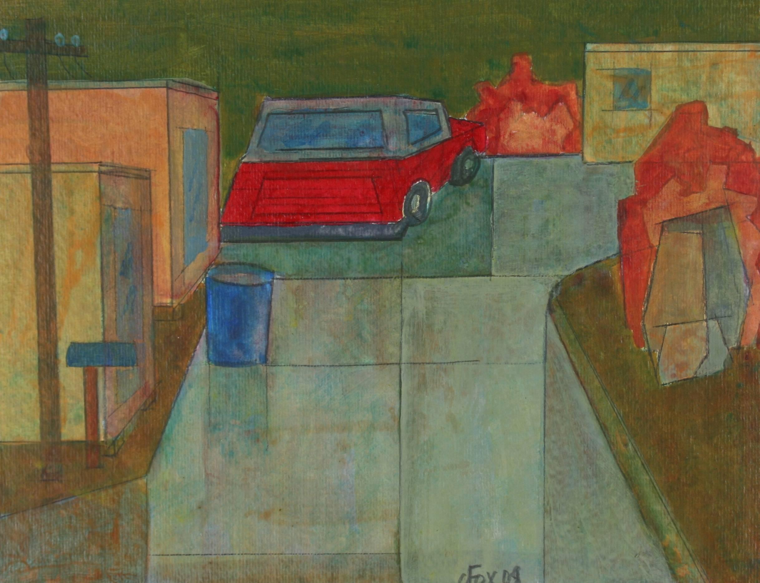 Dave Fox Abstract Painting - "Brea Canyon II" Contemporary Cubist Acrylic Painting with Red Car, 2008