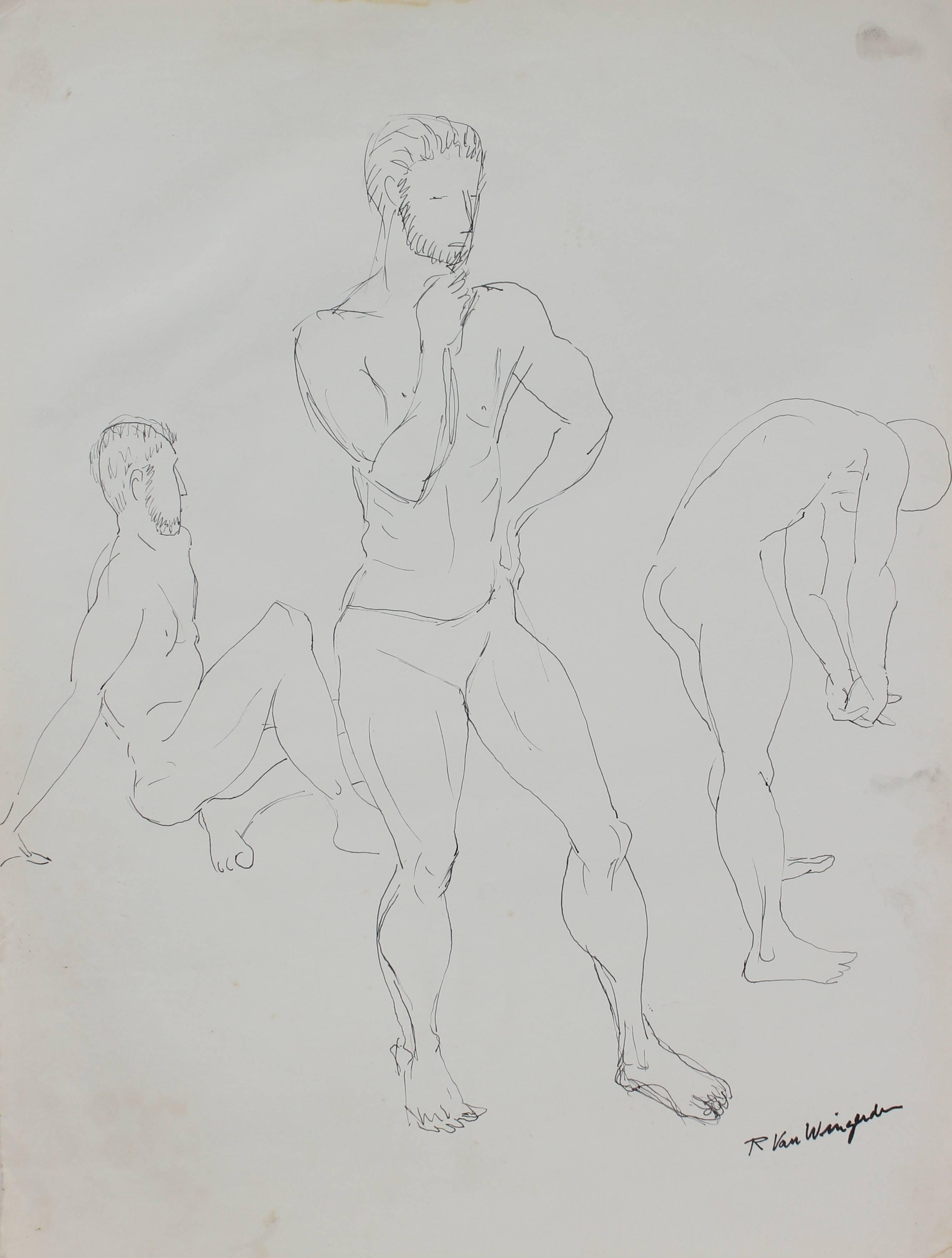 Male Figure Study, Ink on Paper, Mid 20th Century