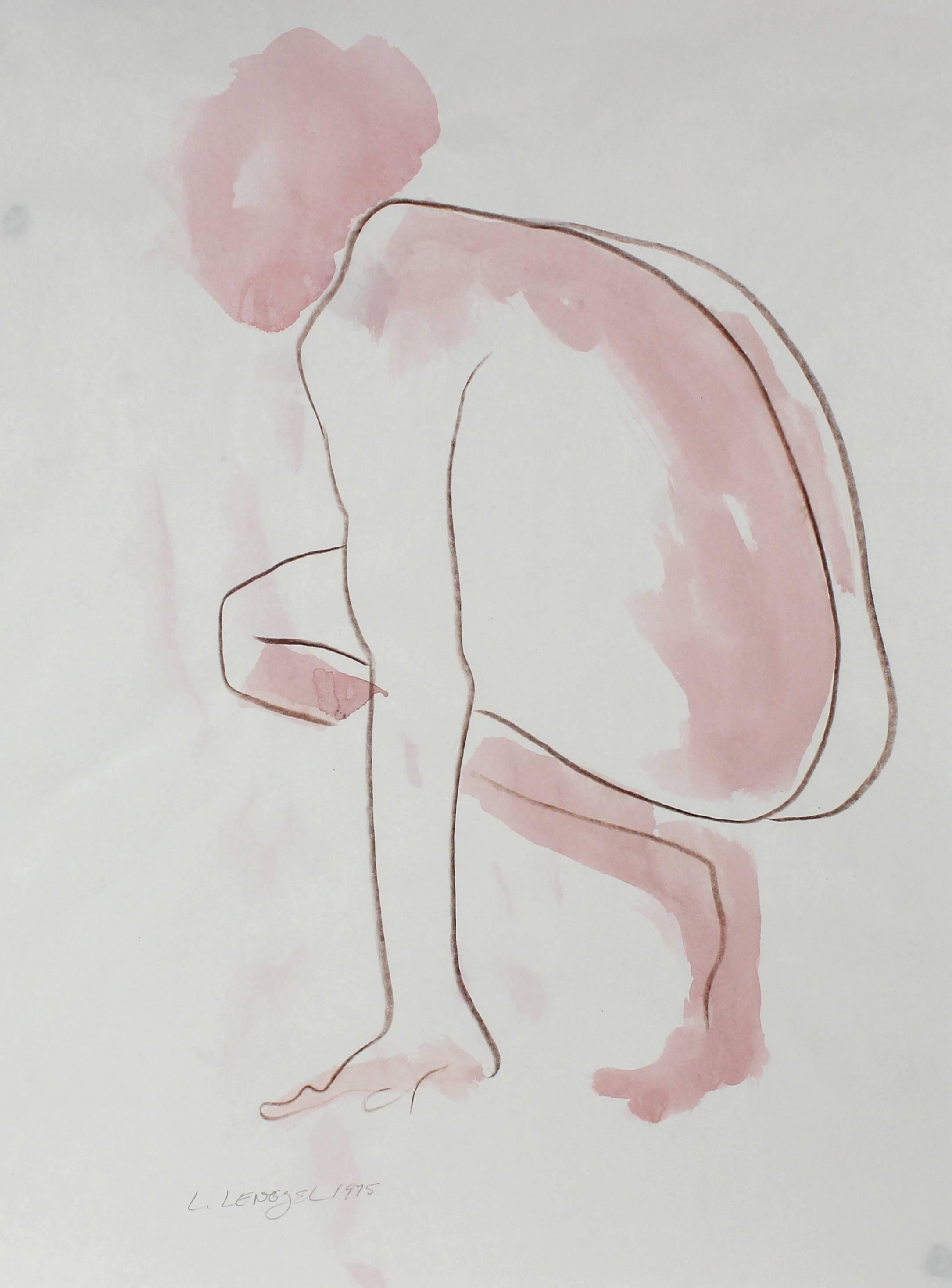 Laura Lengyel Figurative Art - Crouching Figure with Pink, Watercolor Nude, 1975