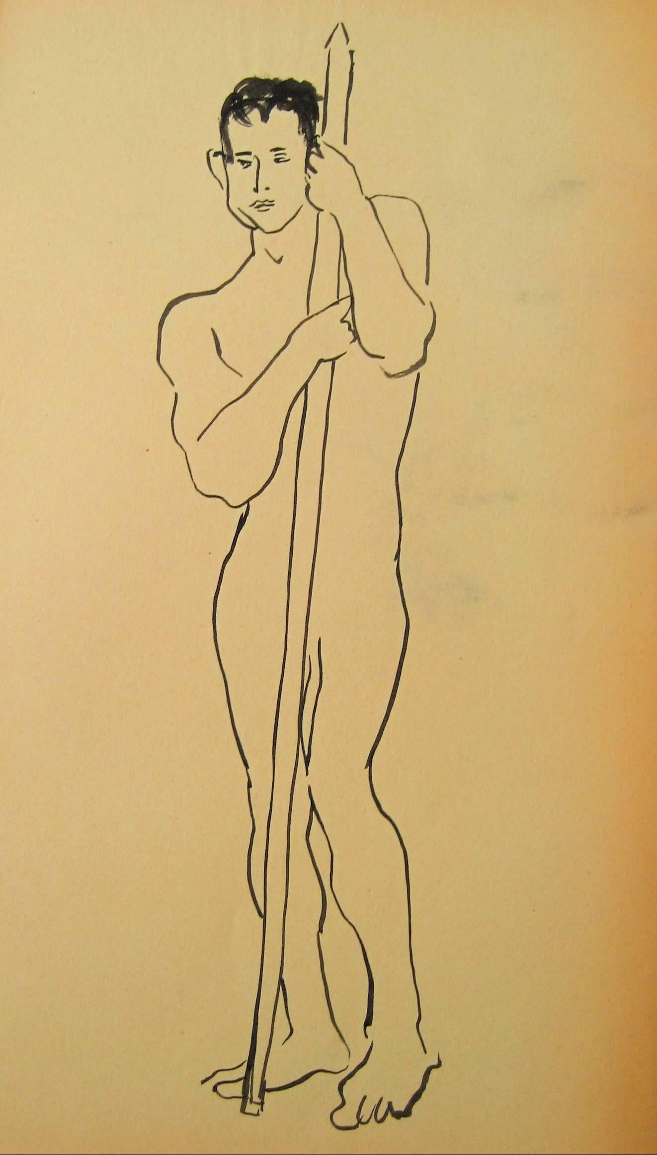 Helen Sewell Rennie Nude - Posed Male Figure, Ink Drawing, Circa 1950