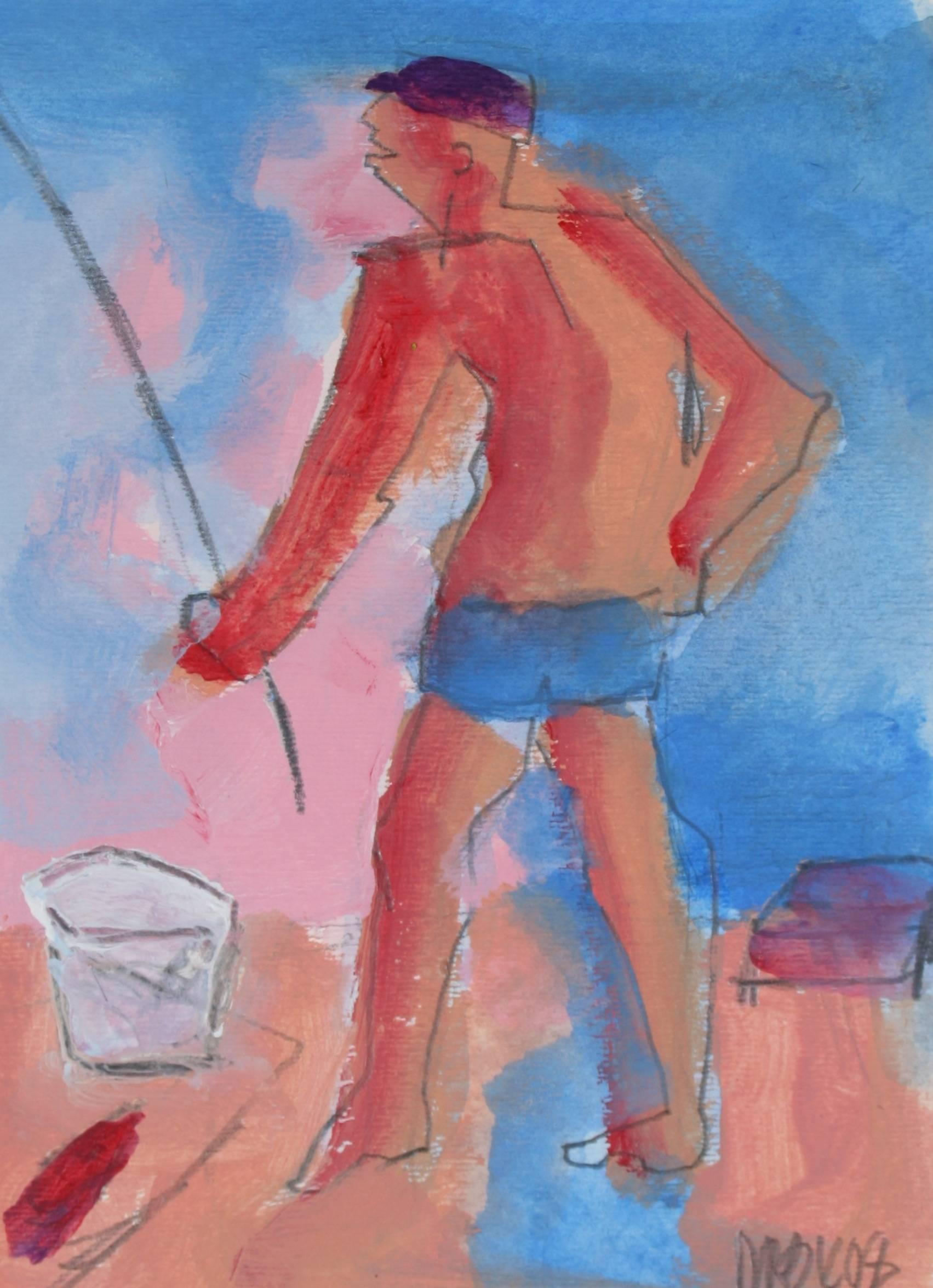 Dave Fox Figurative Painting - "Fisherman- Huntington Beach" Acrylic Portrait, 2008