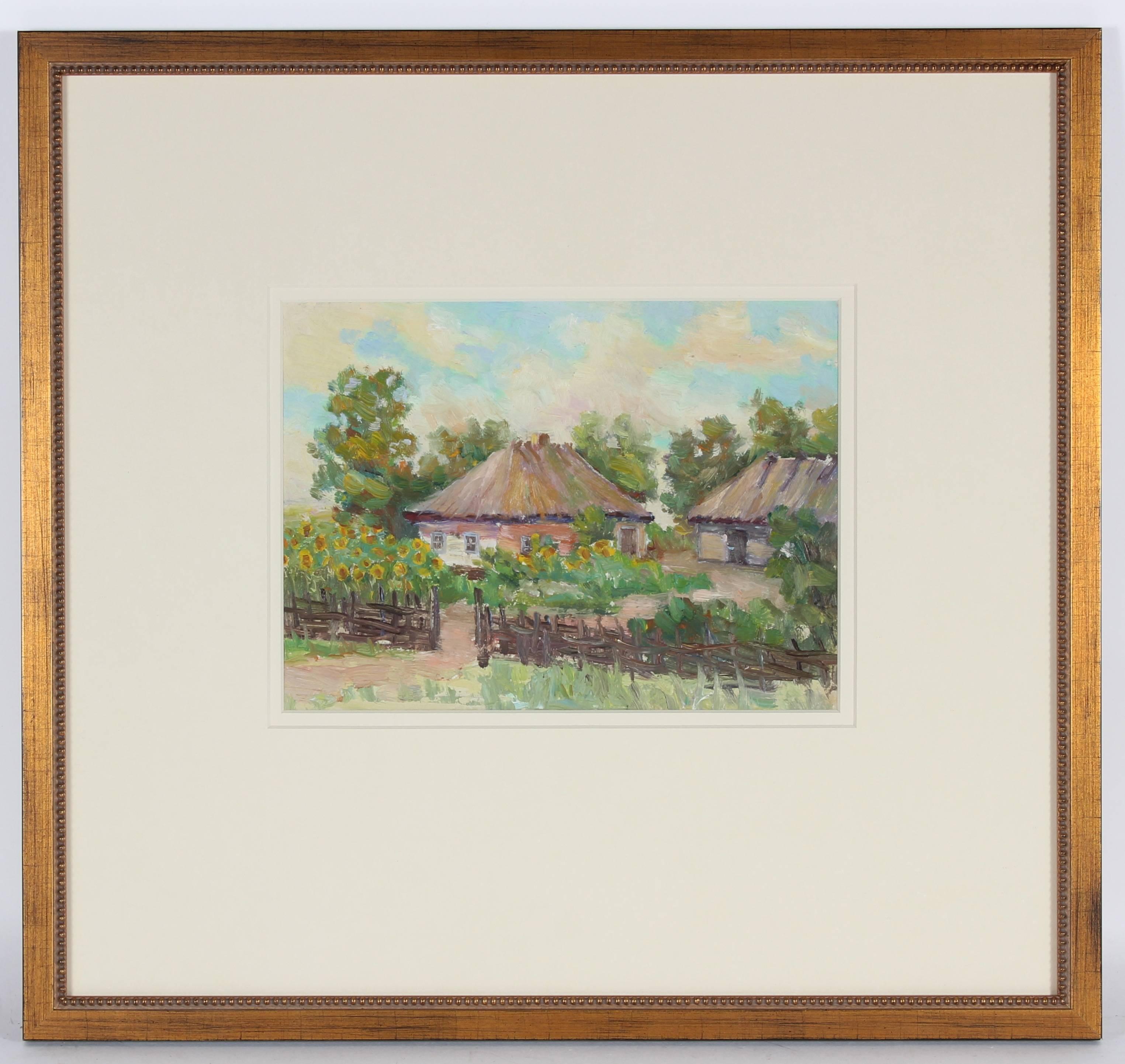 Vasili Brenin Landscape Painting - Soviet Impressionist Cottages, Oil on Paper, 1960