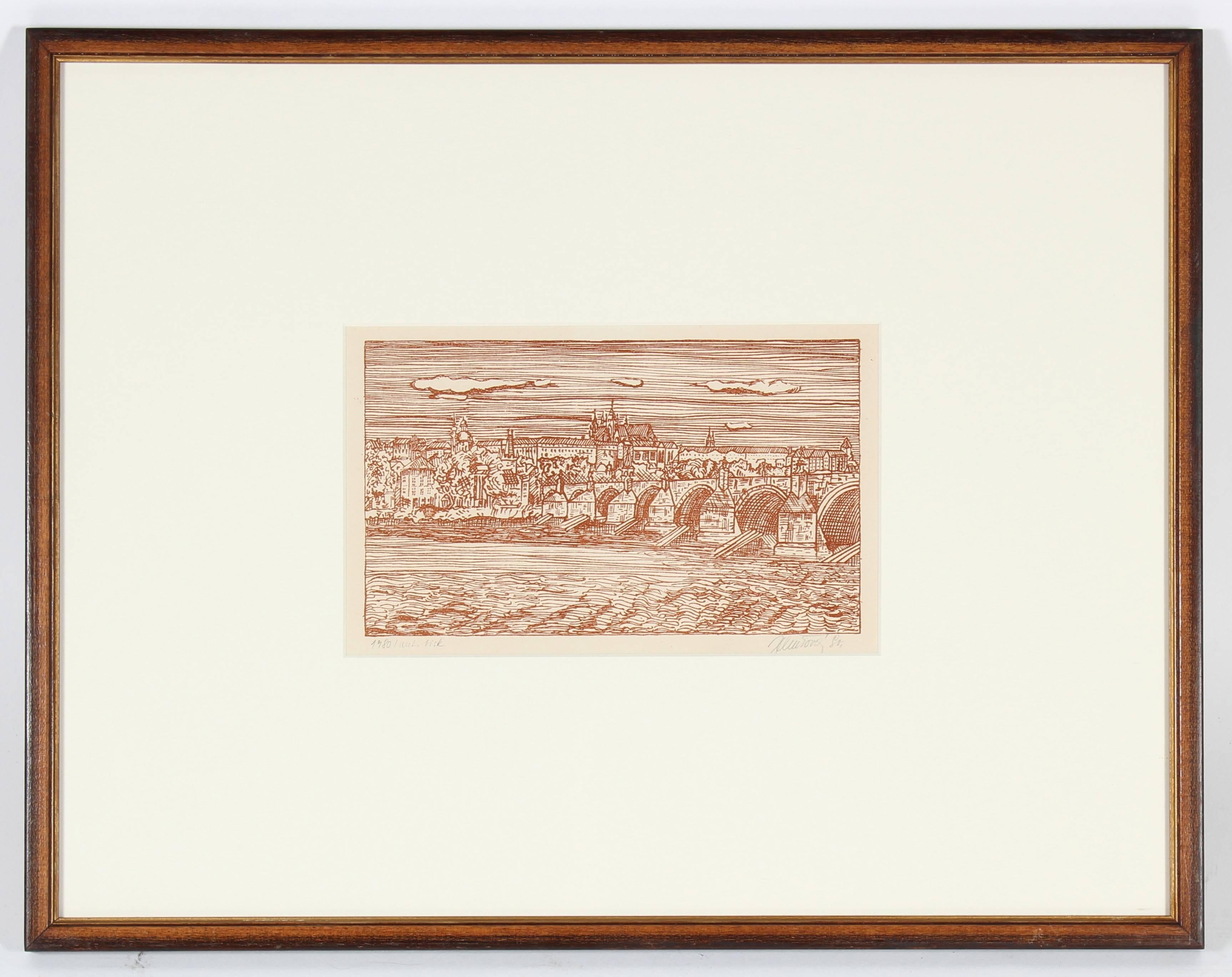 Unknown Landscape Print - European Cityscape, Etching on Paper, 1980