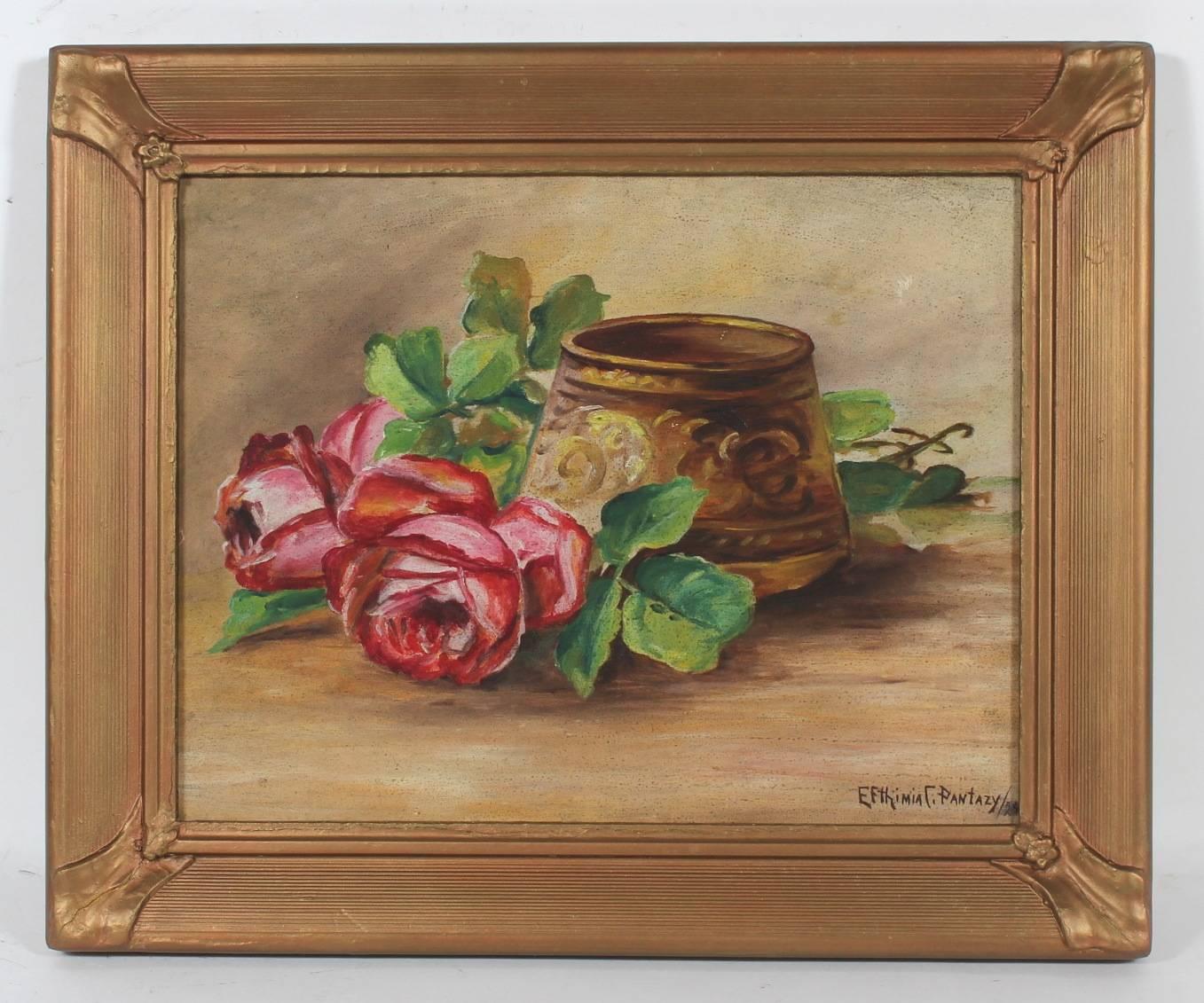 Efthimia Pantazy Still-Life Painting - Still Life with Roses, Oil on Paper, 1929