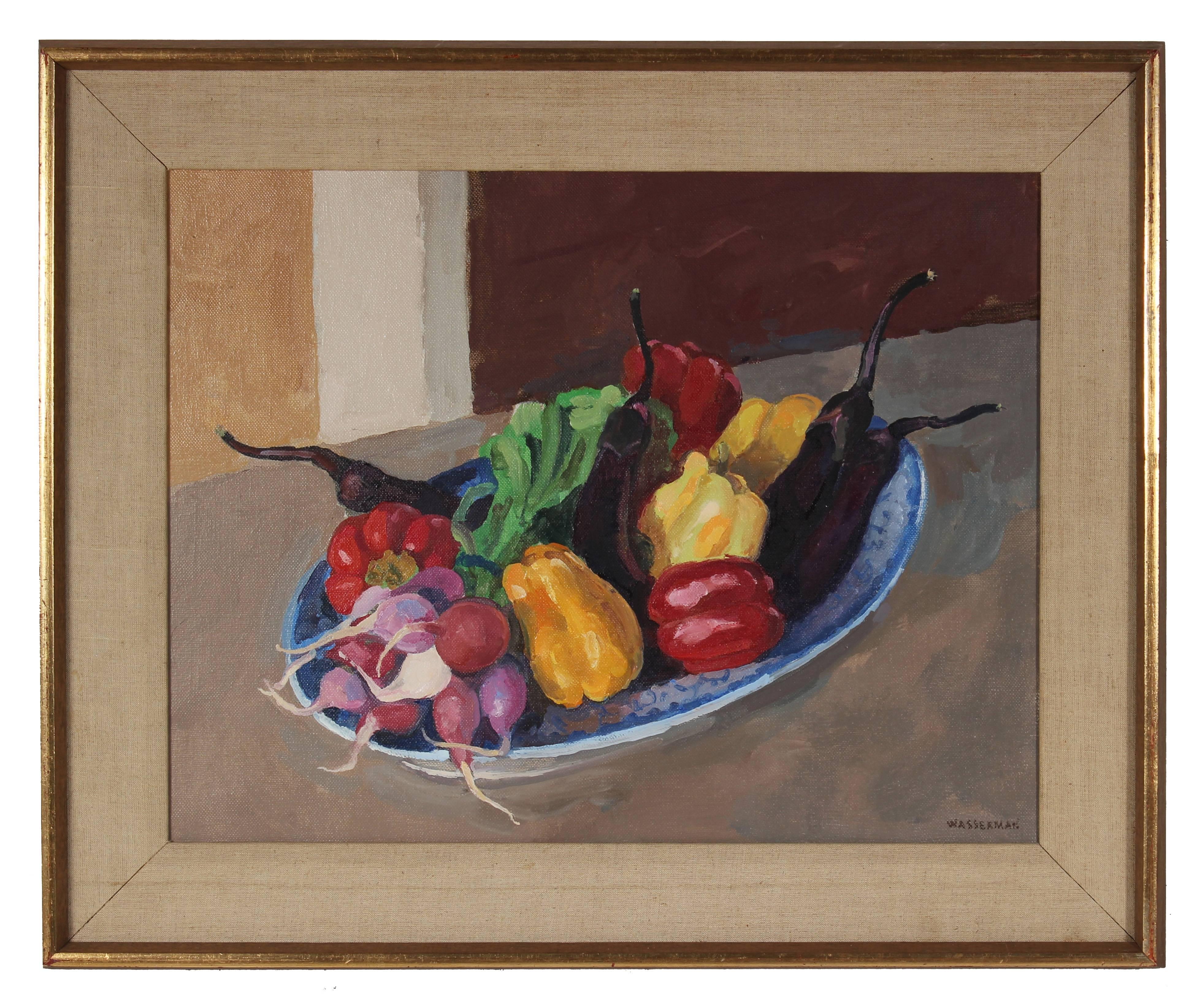 Gerald Wasserman Still-Life Painting - Still Life with Garden Vegetables, Oil Painting, Circa 1987