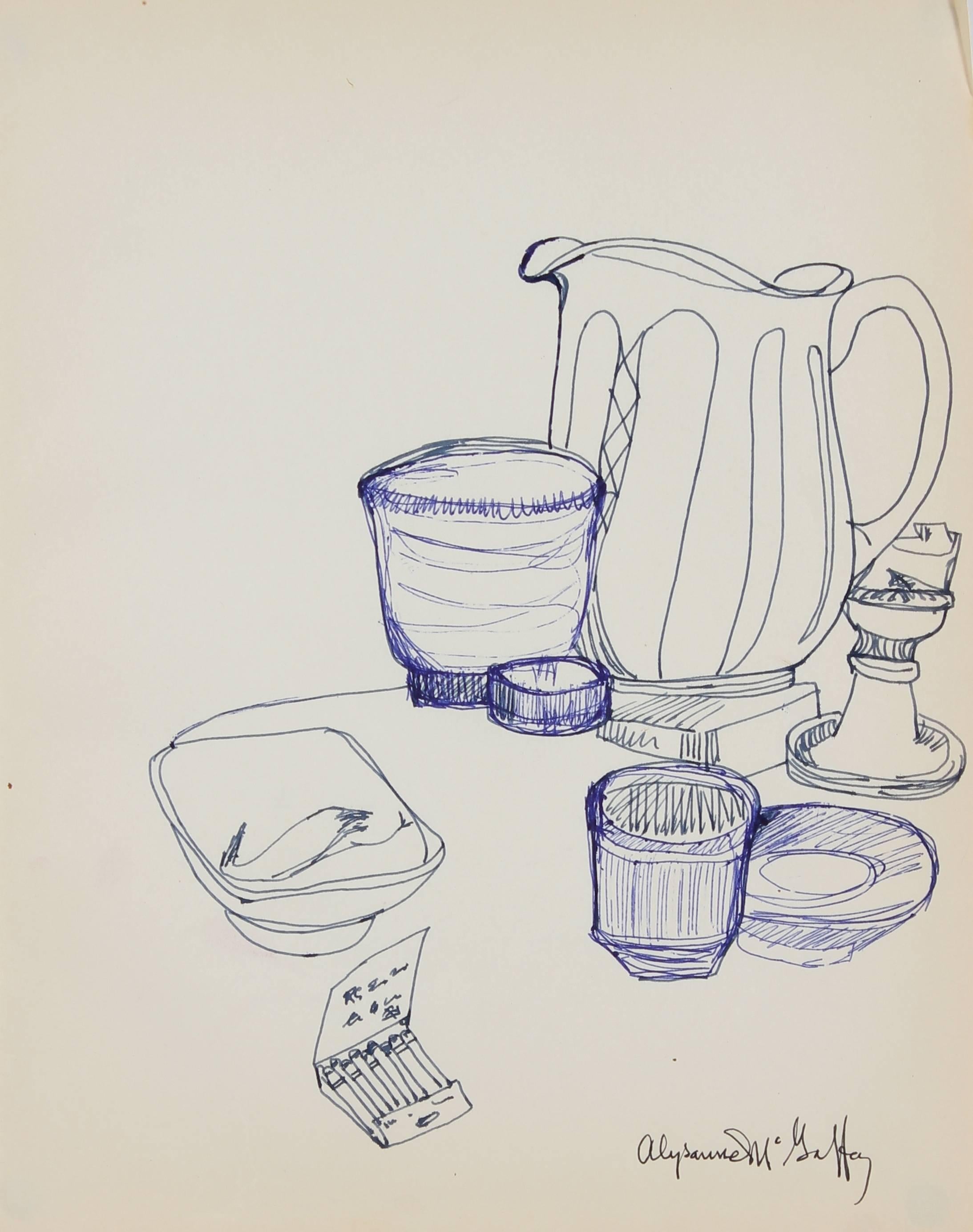 Alysanne McGaffey Still-Life - Kitchen Still Life in Blue Ink, Circa 1960s