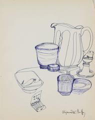 Kitchen Still Life in Blue Ink, Circa 1960s