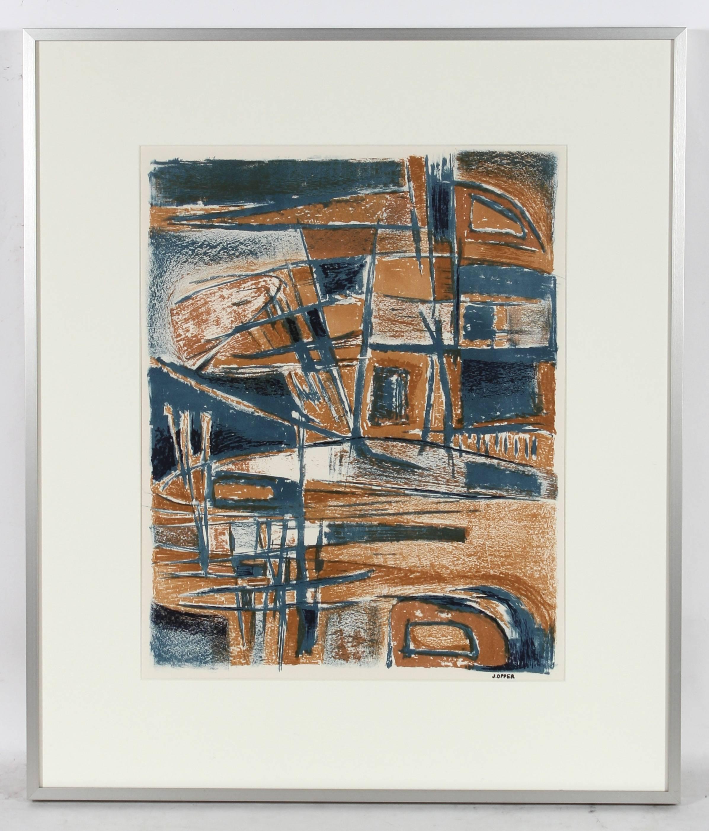 Jerry Opper Abstract Print - Modernist Abstract Lithograph in Blue and Brown, Mid-Century