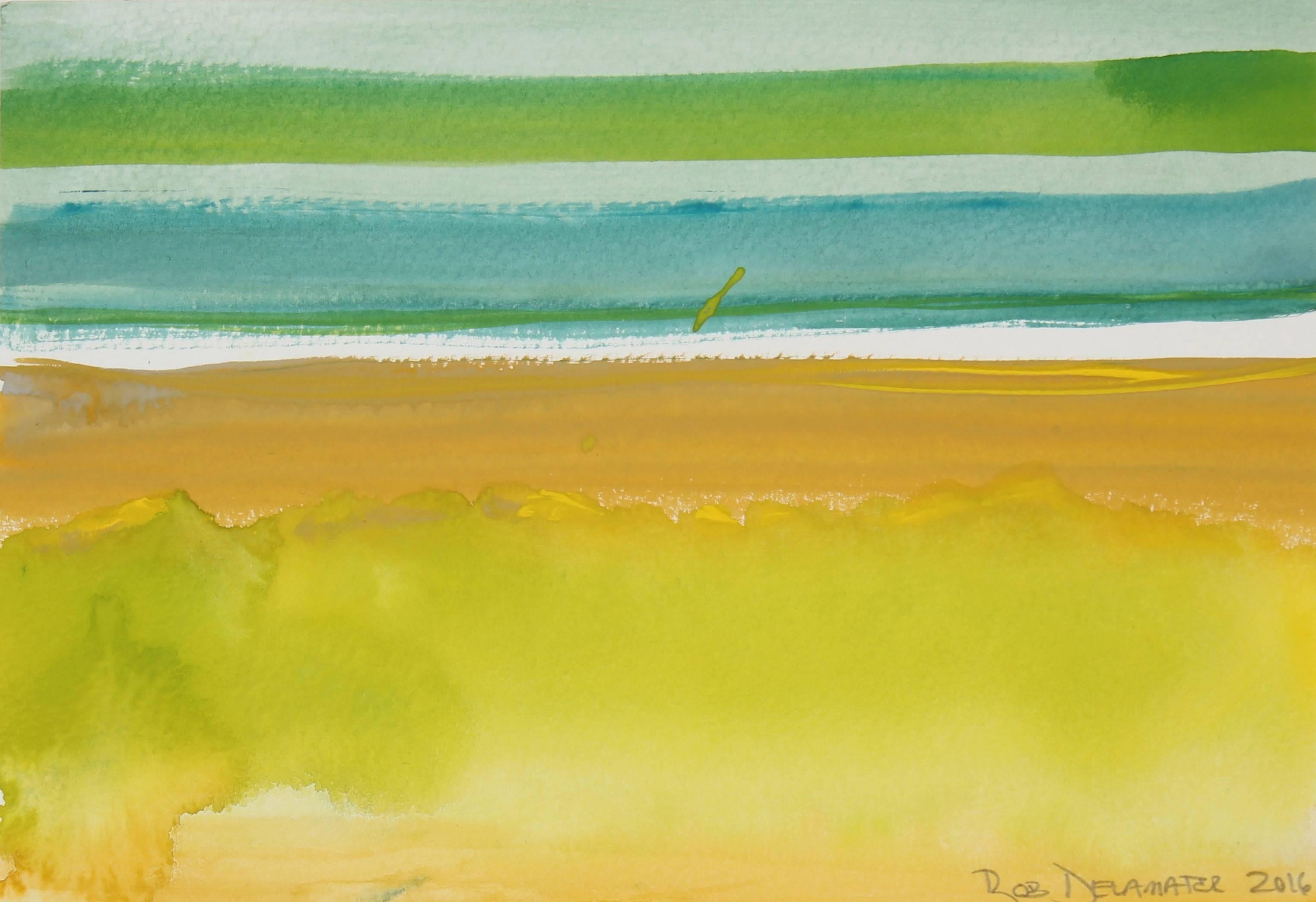 Rob Delamater Abstract Drawing - "Yellow and Green Horizon" Abstracted Landscape In Gouache, 2016