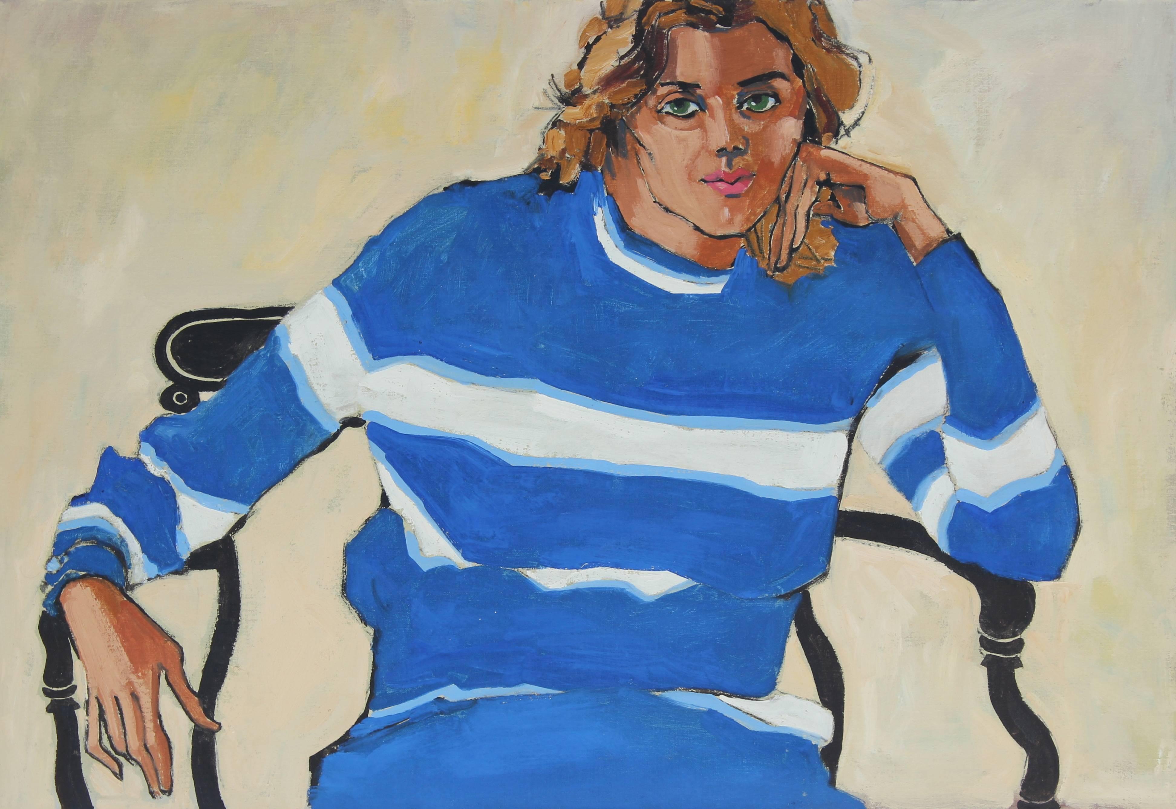 Rip Matteson Portrait Painting - "Oakland, Linda" Oil Painting Portrait in Striped Royal Blue, 1972