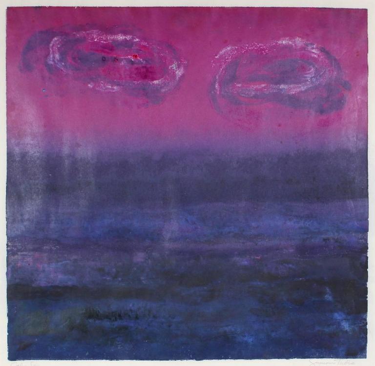 Seymour Tubis Abstract Print - "Calm Sea" Monotype Landscape in Purple and Pink, Mid Century