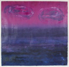 "Calm Sea" Monotype Landscape in Purple and Pink, Mid Century
