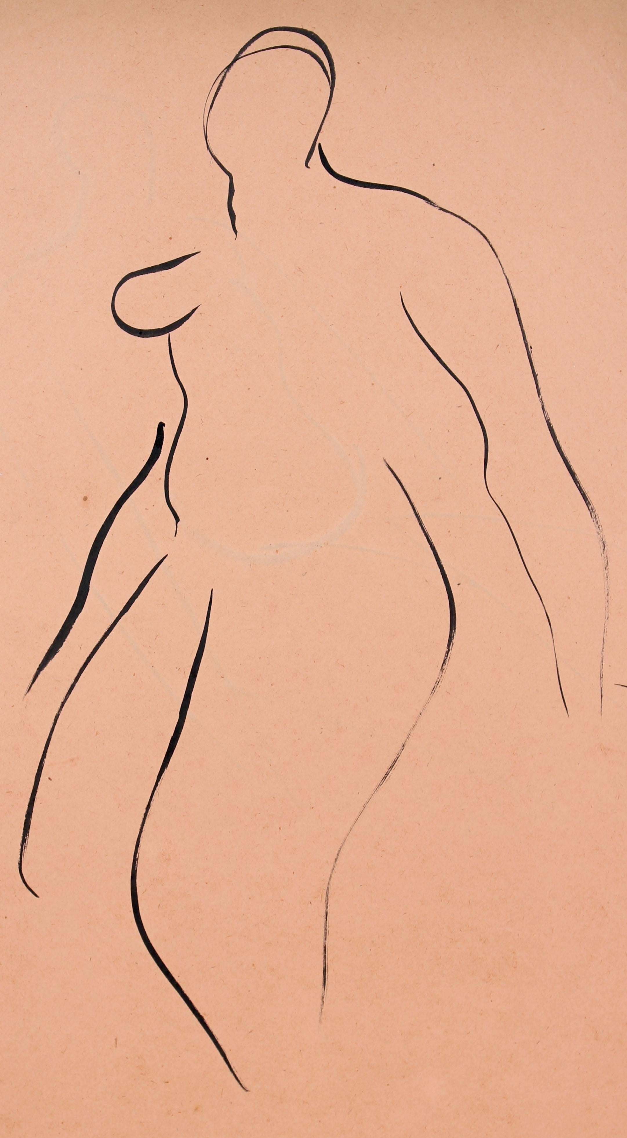 Helen Sewell Rennie Figurative Art - Minimal Nude Figure in Ink on Peach Paper, Mid Century