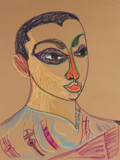 Bright Abstracted Portrait, Oil Pastel Drawing, 1970s