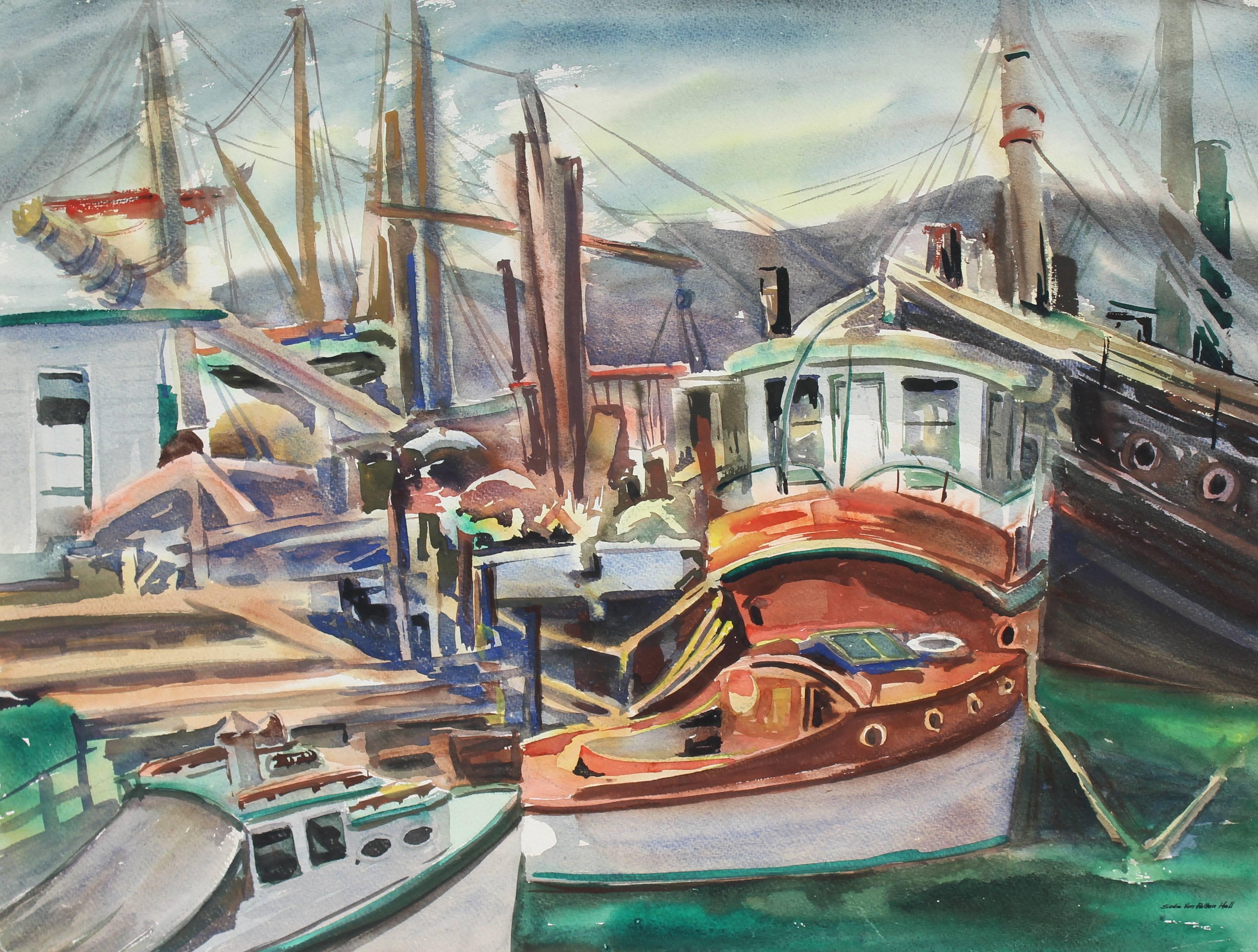 Sadie Van Patten Hall Landscape Art - Harbor with Boats, Watercolor, Mid 20th Century