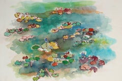 Abstracted Lily Pond Landscape in Watercolor, 20th Century
