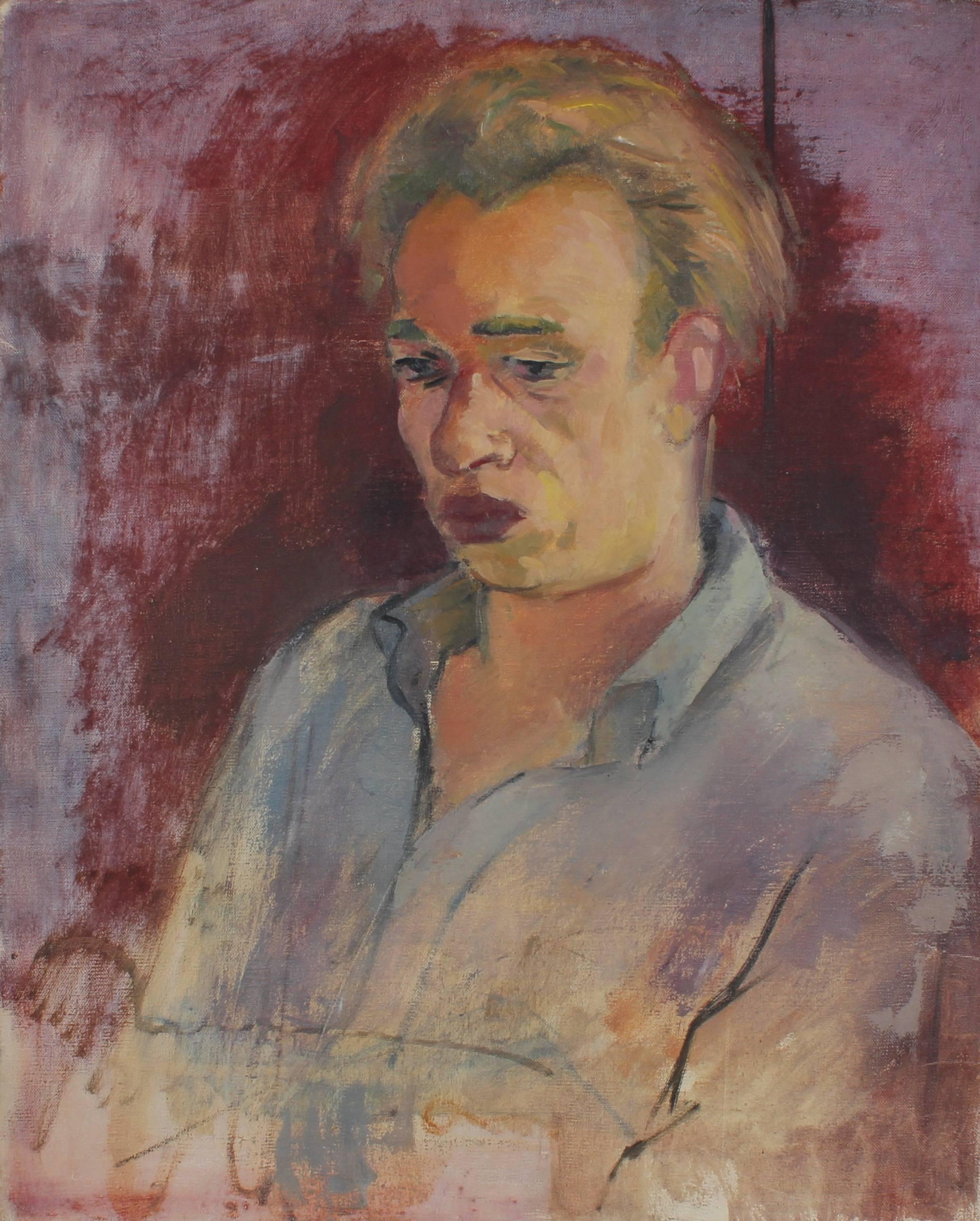 Martin Snipper Portrait Painting - Self Portrait with Red, Oil on Canvas, Circa 1930s