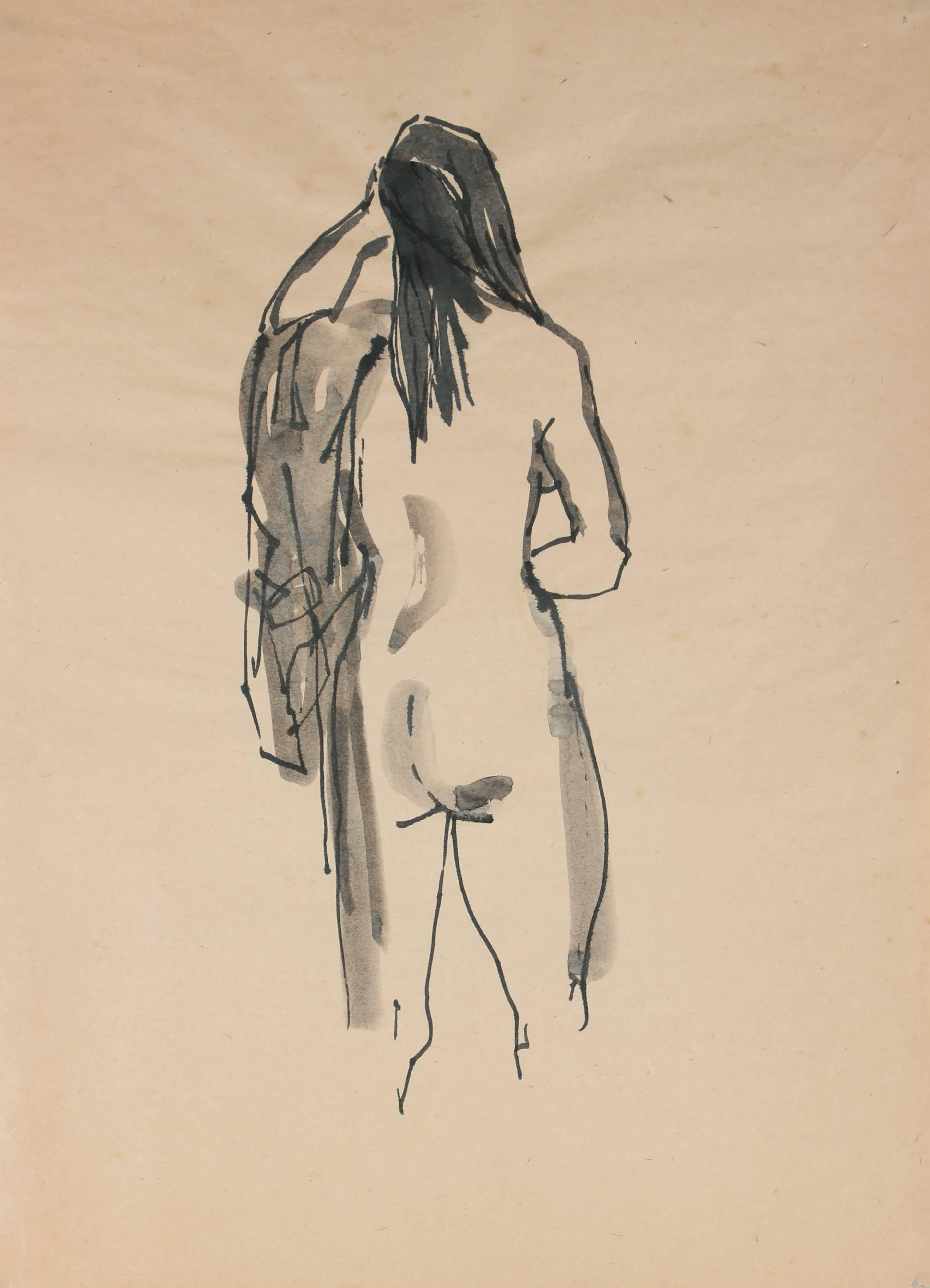 Standing Nude with Coat, Ink Drawing, 20th Century - Art by Rip Matteson