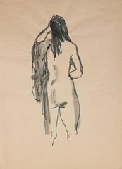 Standing Nude with Coat, Ink Drawing, 20th Century