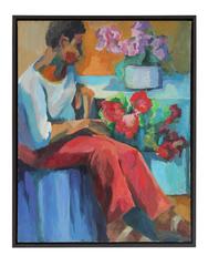 Seated Figure with Flowers, oil on Canvas Portrait, 20th Century