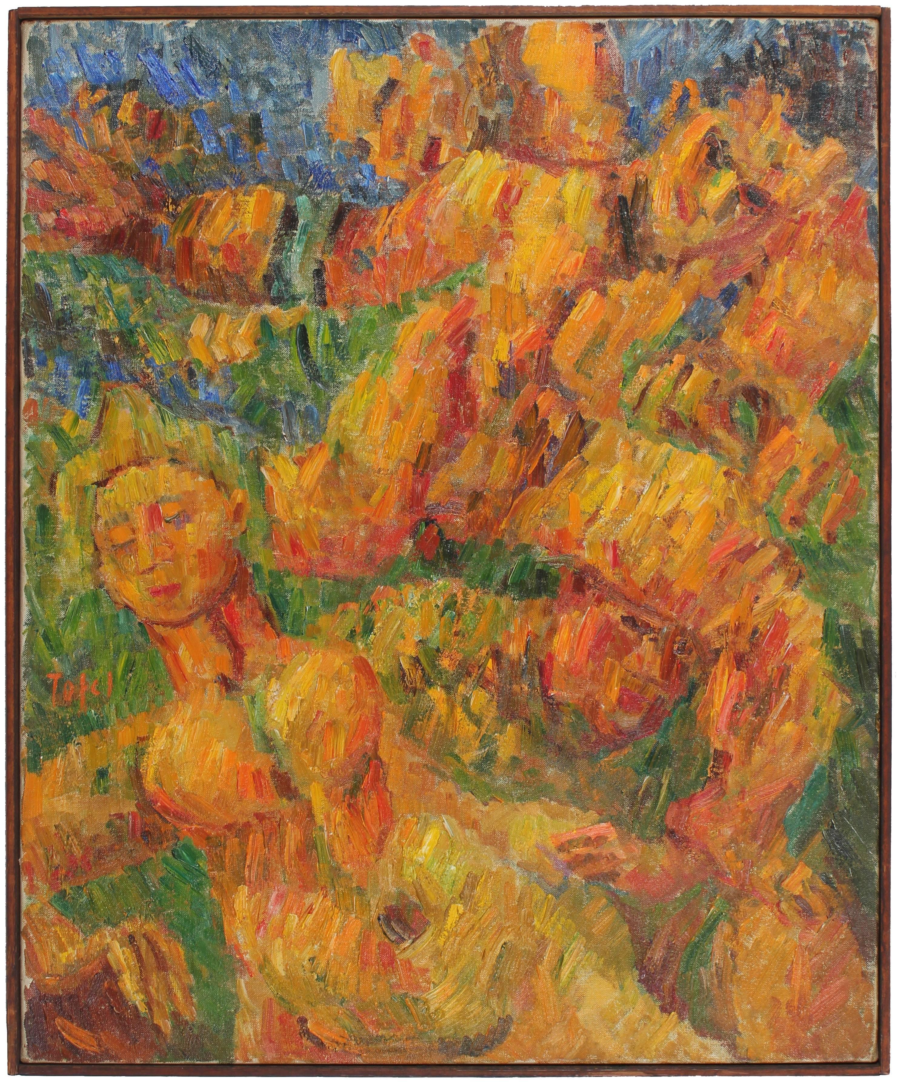 Jennings Tofel Figurative Painting - "Running Man" Expressionist Oil, 1948