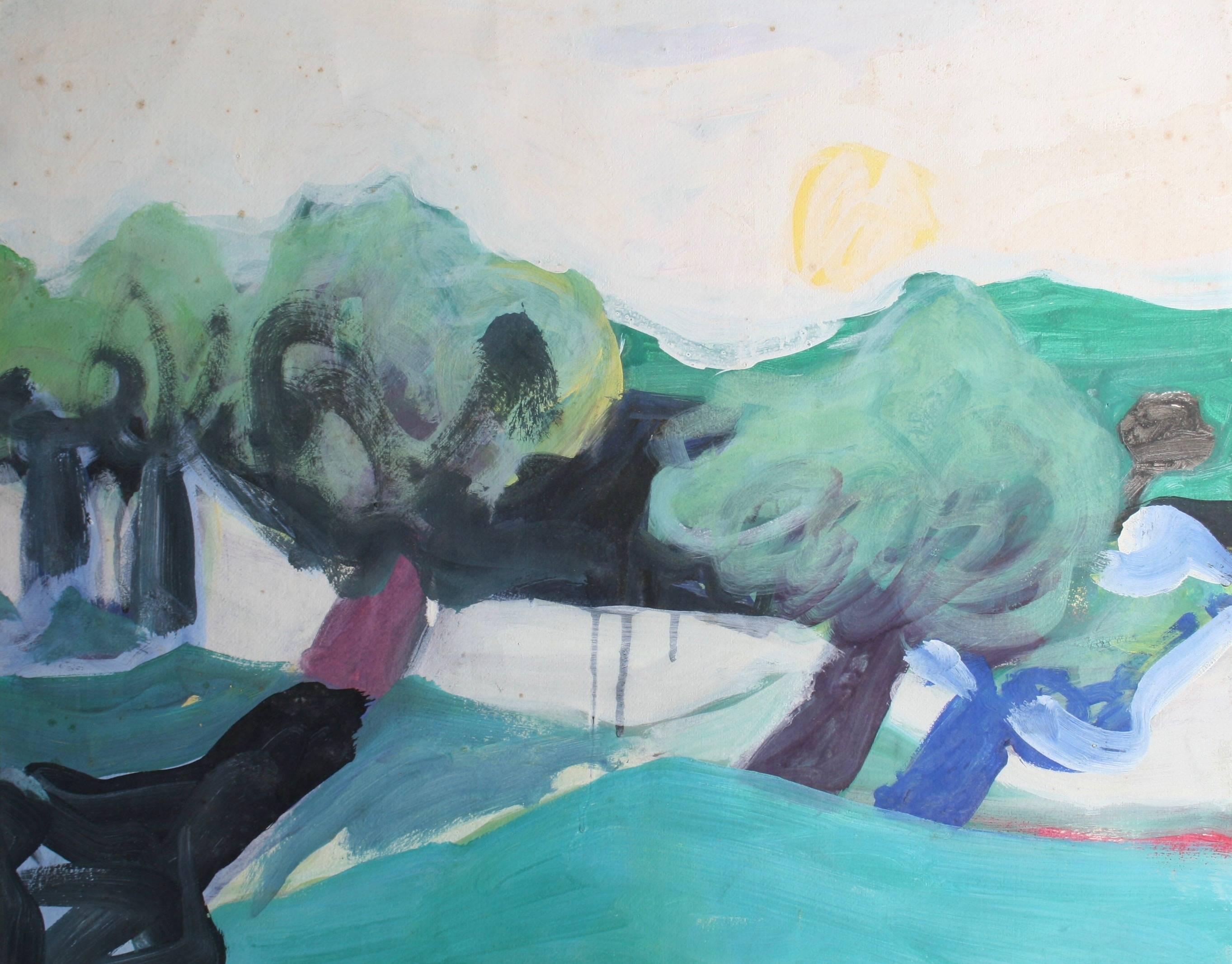 Modernist Landscape with Trees, Oil on Paper, Circa 1980 - Painting by Jane Rades
