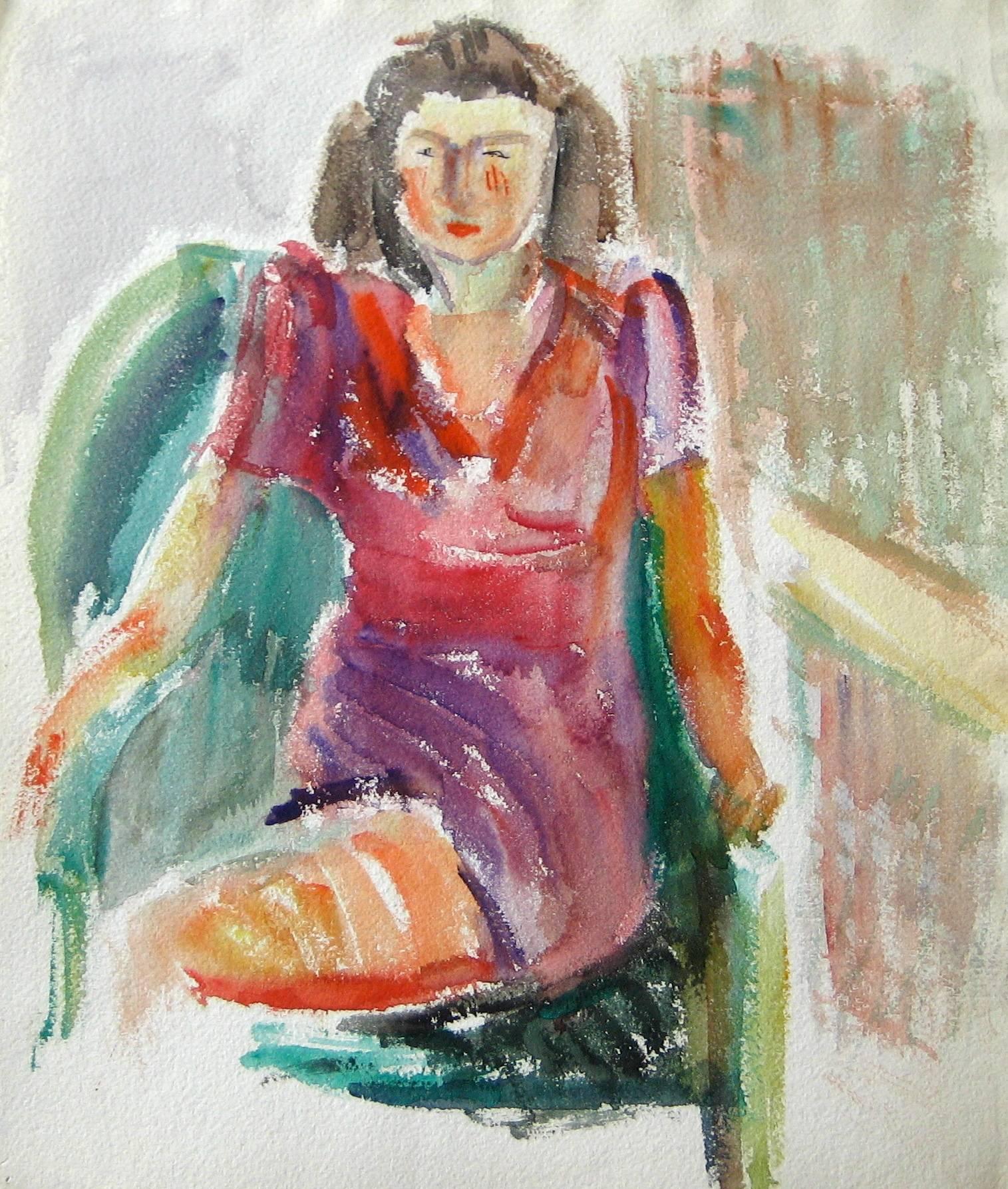Expressionist Female Portrait in Watercolor, Mid 20th Century - Art by Jennings Tofel