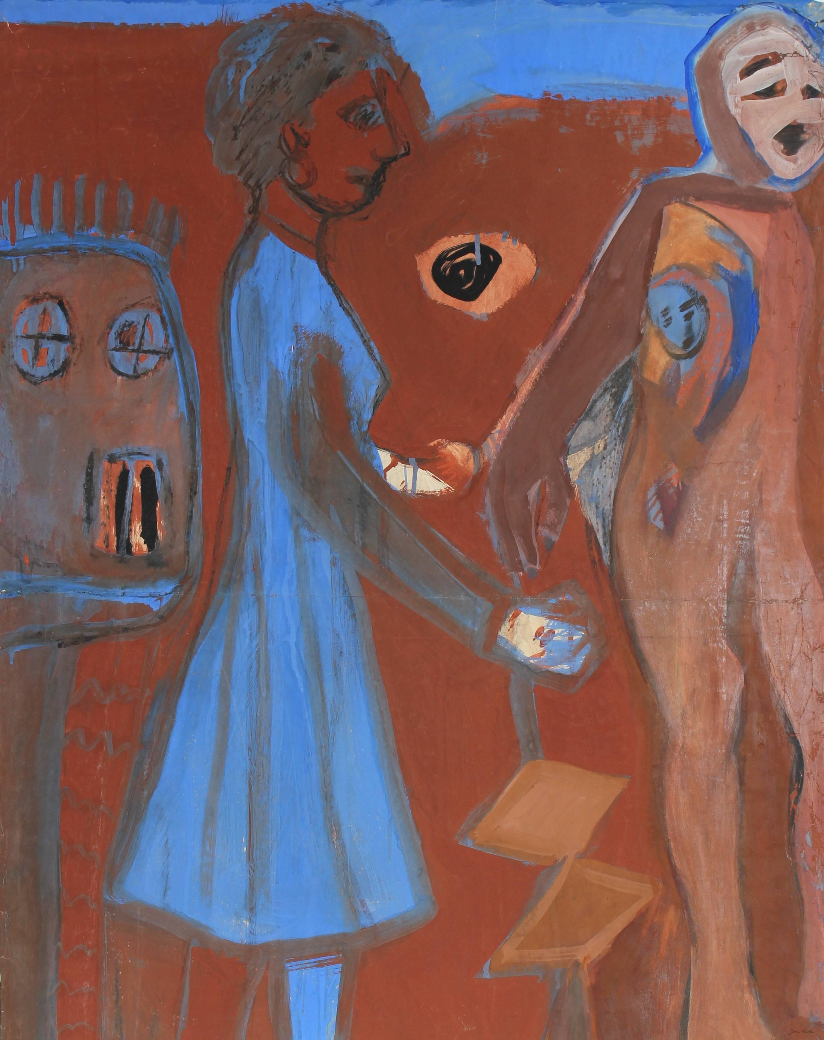 Jane Rades Figurative Painting - Expressionist Figures in Rust & Blue, Gouache on Paper, 20th Century