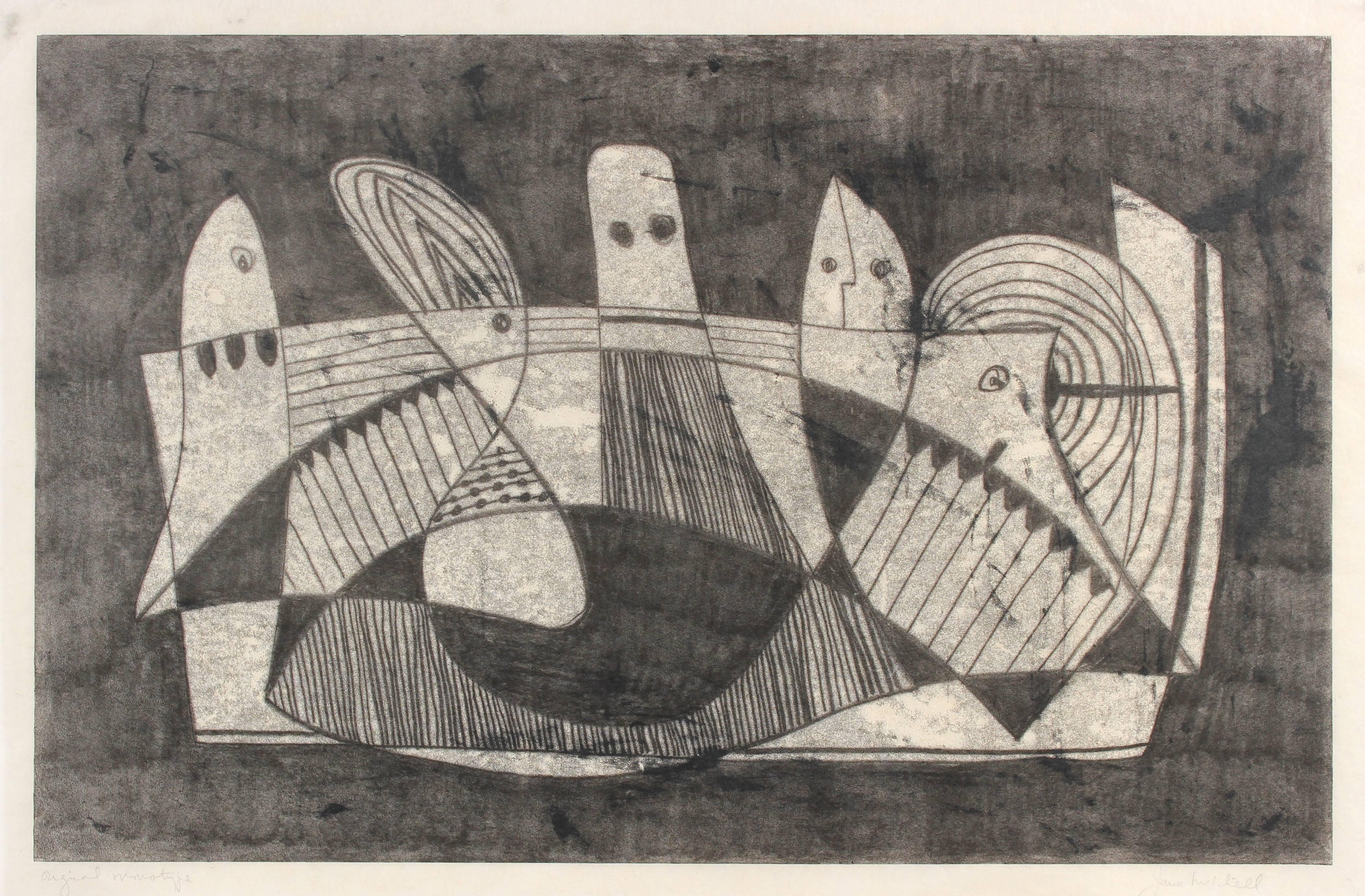 Jane Mitchell Figurative Print - Abstracted Cubist Figures, Monotype on Paper, Circa 1970