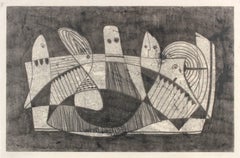 Abstracted Cubist Figures, Monotype on Paper, Circa 1970