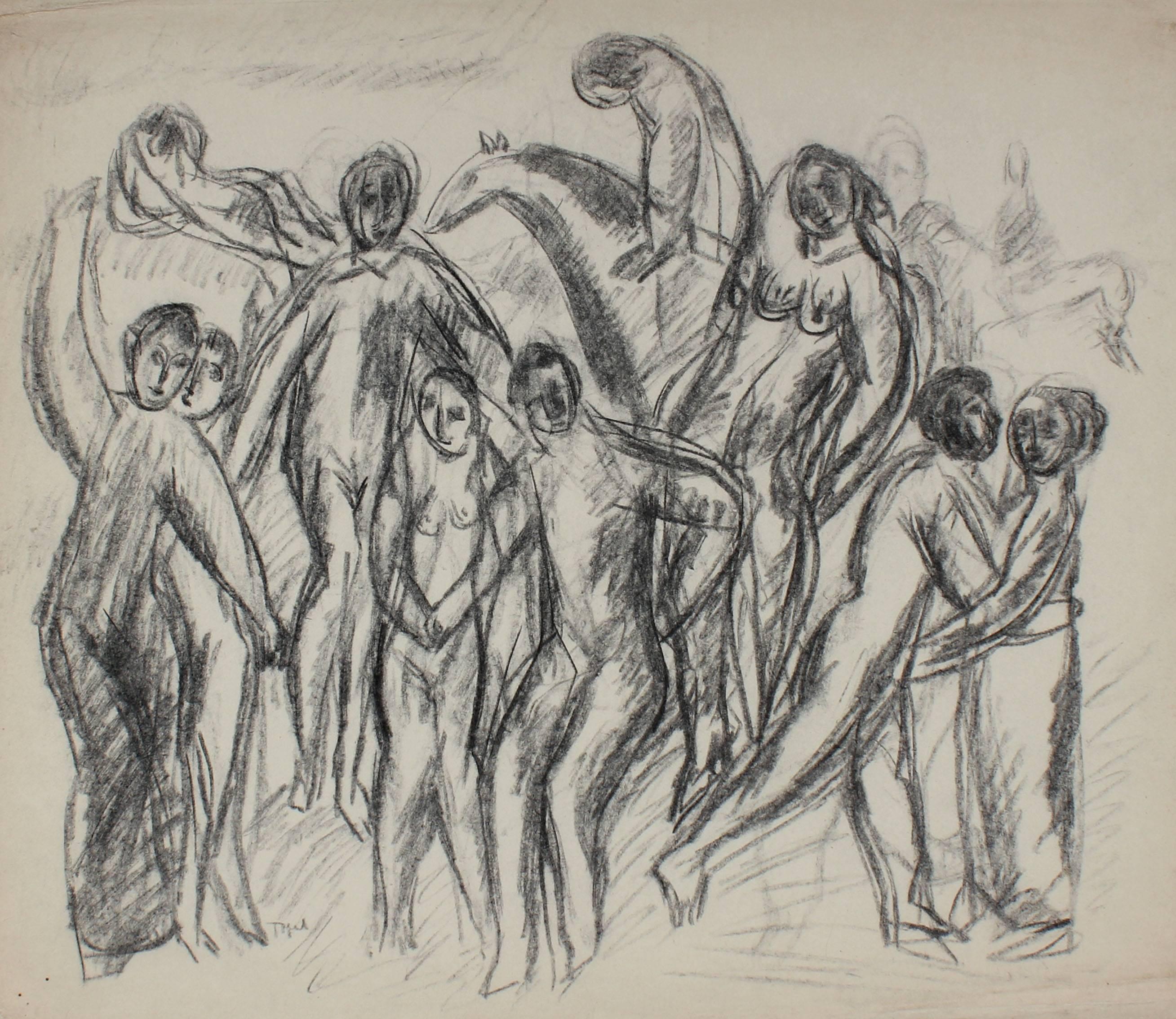 Jennings Tofel Figurative Art - Expressionist Figures in Charcoal