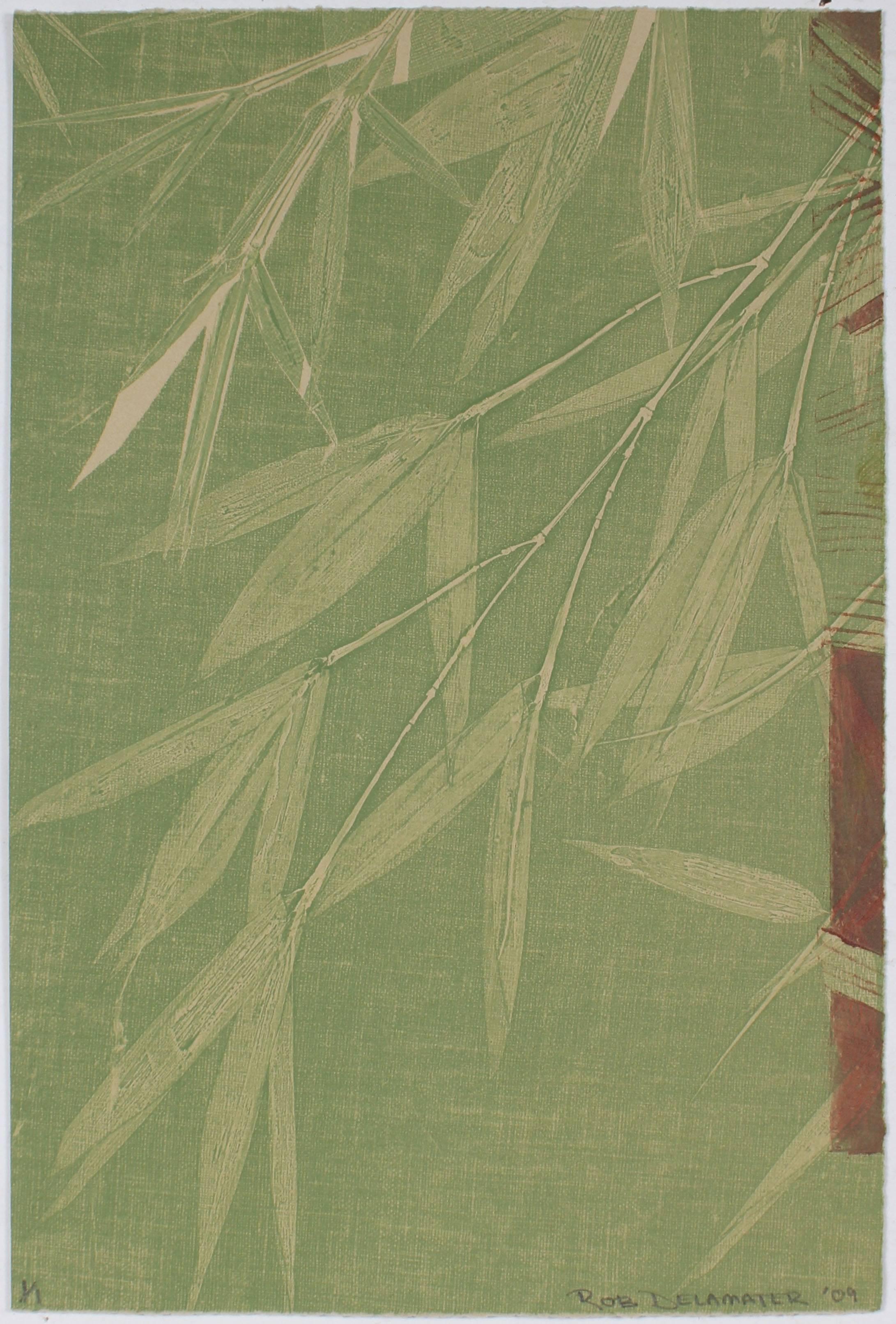 Rob Delamater Still-Life Print - Contemporary Minimalist Bamboo Monotype in Green, Asian Aesthetic, 2009
