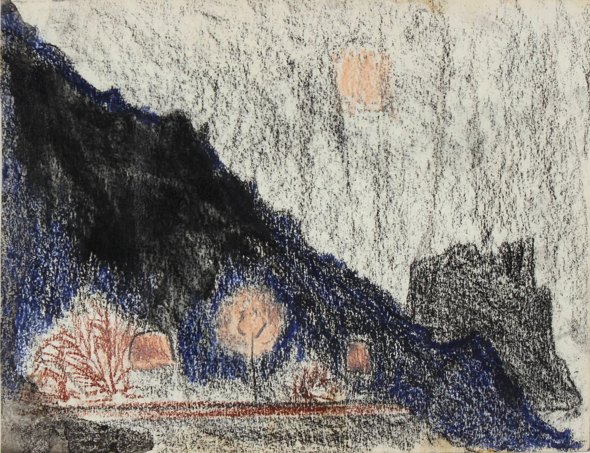 "Mexico" Nighttime Landscape in Oil Pastel with Trees and Moon in Pink, 1975