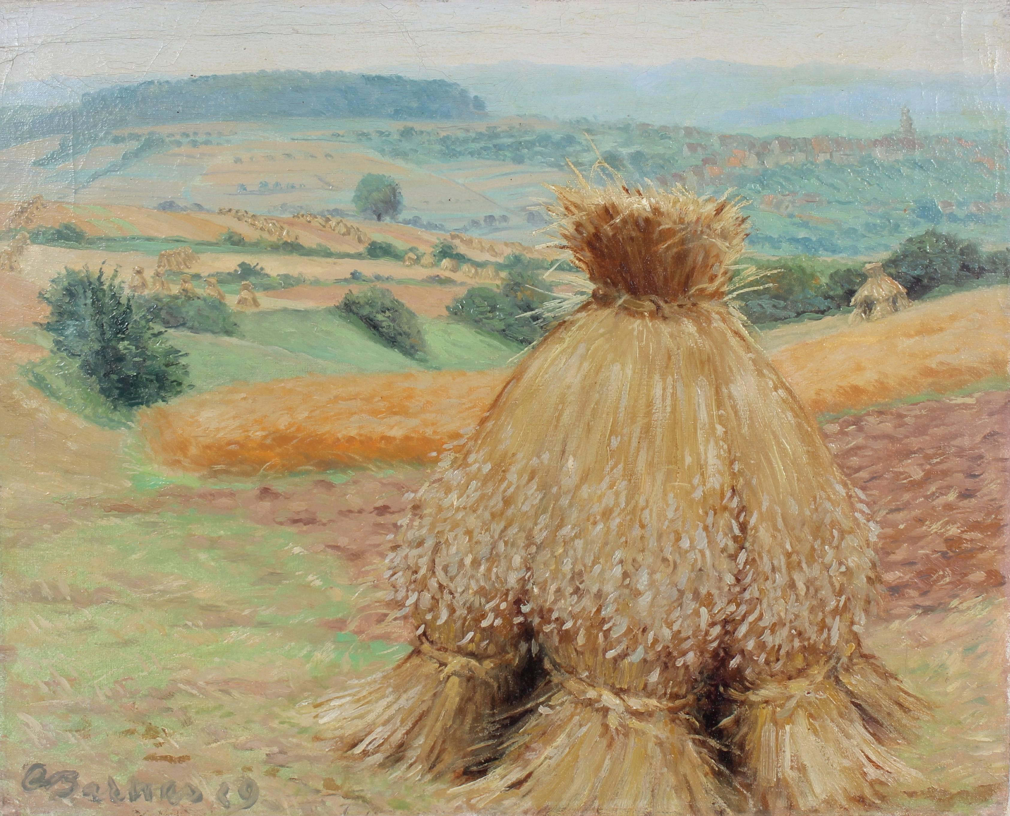 Carl Barnas Landscape Painting - "View of Ruppertsburg with Haystacks", German Landscape in Oil, 1929