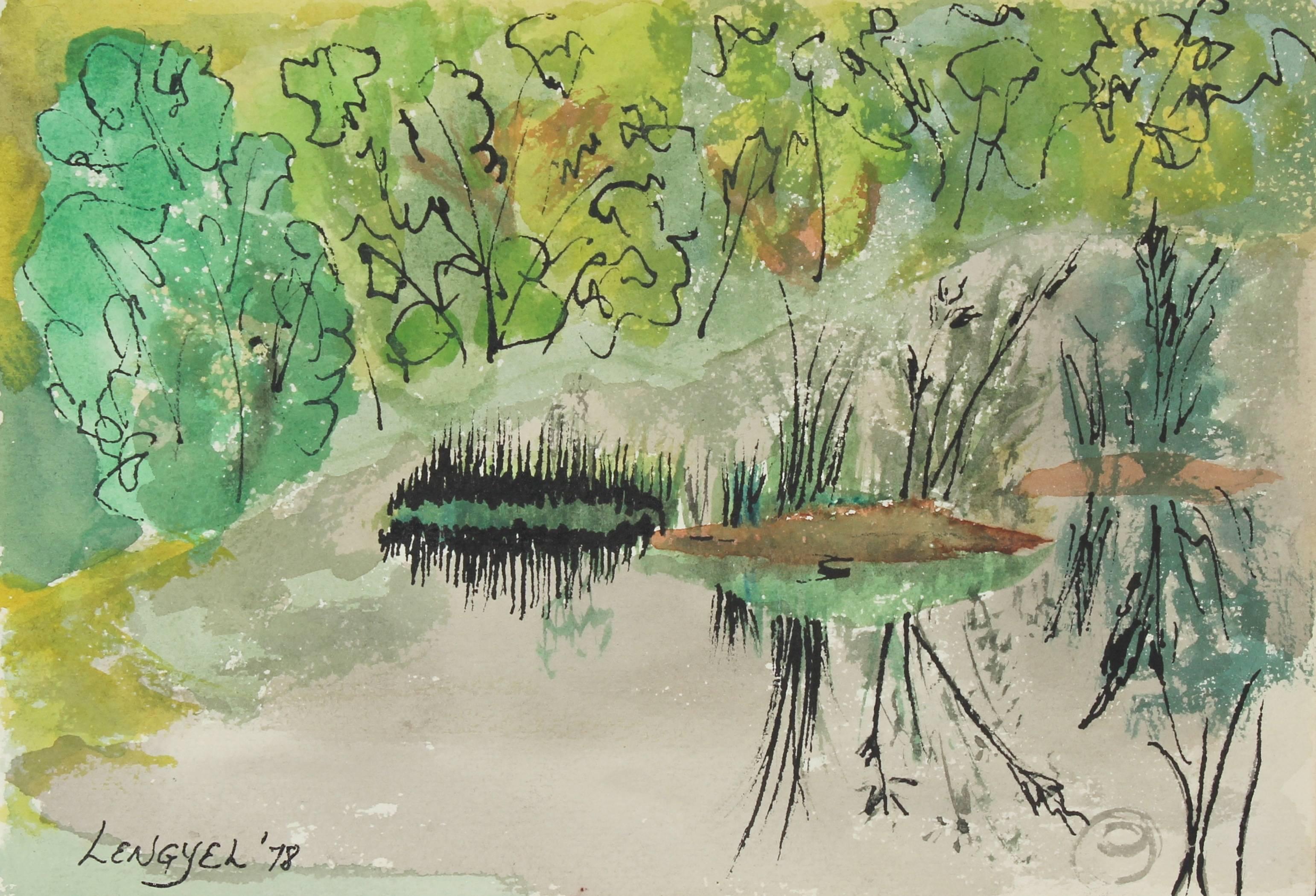 Laura Lengyel Landscape Art - "Alaskan Pond" Landscape, Watercolor and Ink, 1978