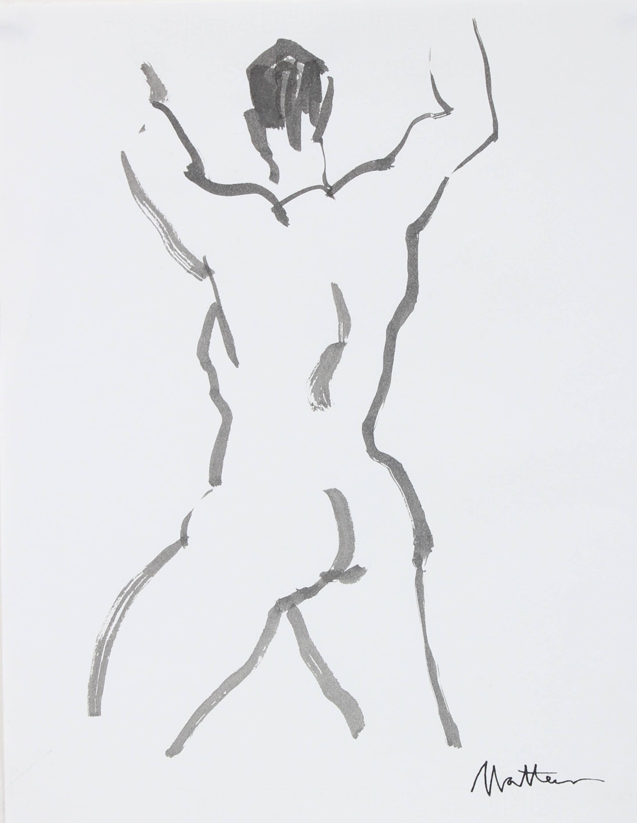 Rip Matteson Figurative Art - Nude Figurative Line Drawing in Ink Wash on Paper, 20th Century