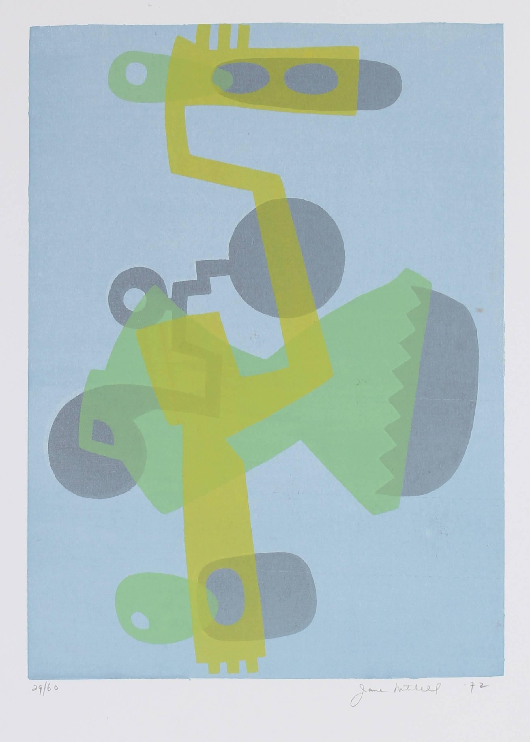 Jane Mitchell Abstract Print - Abstracted Figure in Green and Blue, Serigraph, 1972