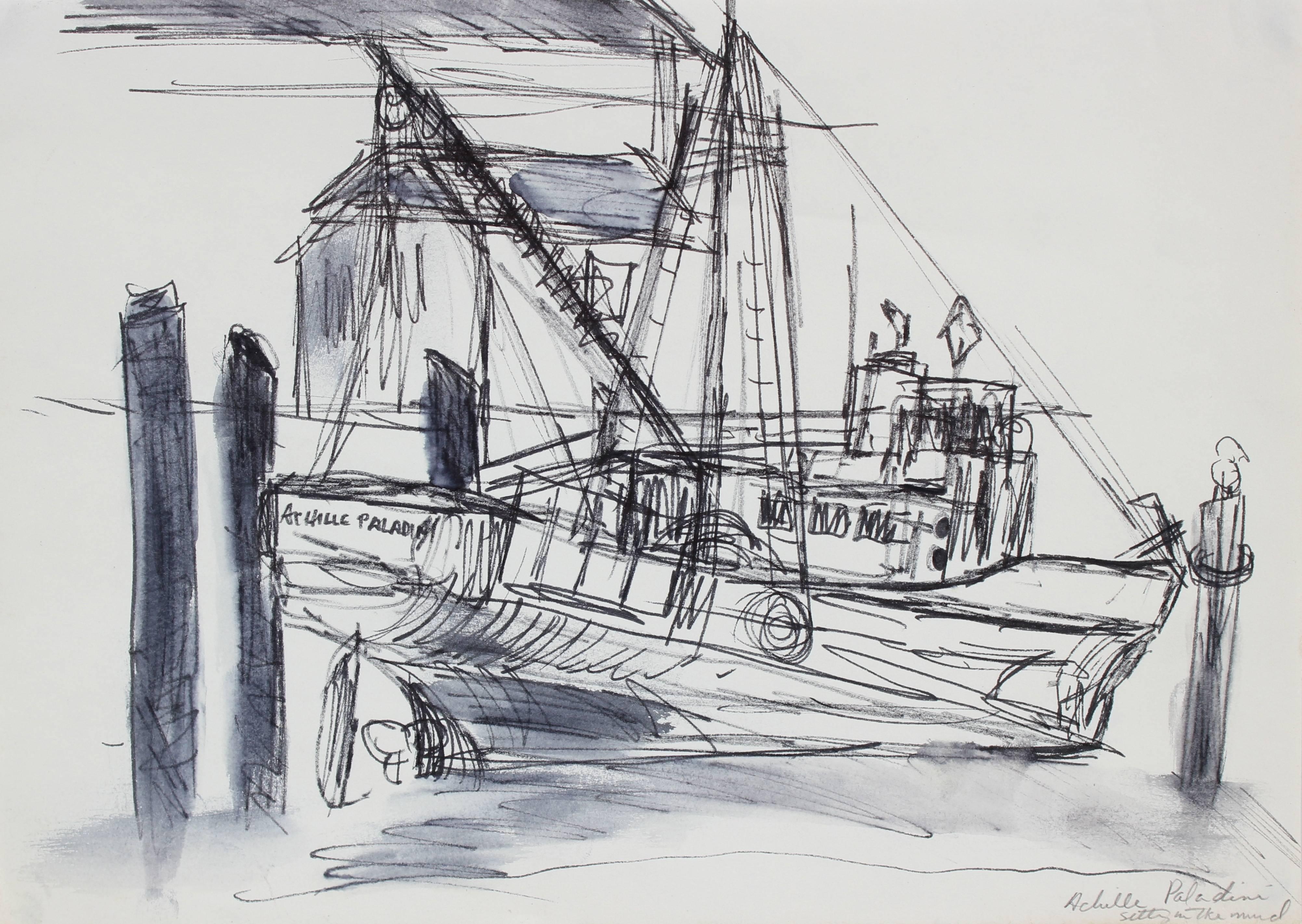 Laura Lengyel Landscape Art - Monochromatic Ship in a Harbor, Ink on Paper Drawing