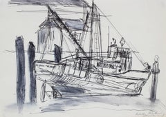 Monochromatic Ship in a Harbor, Ink on Paper Drawing