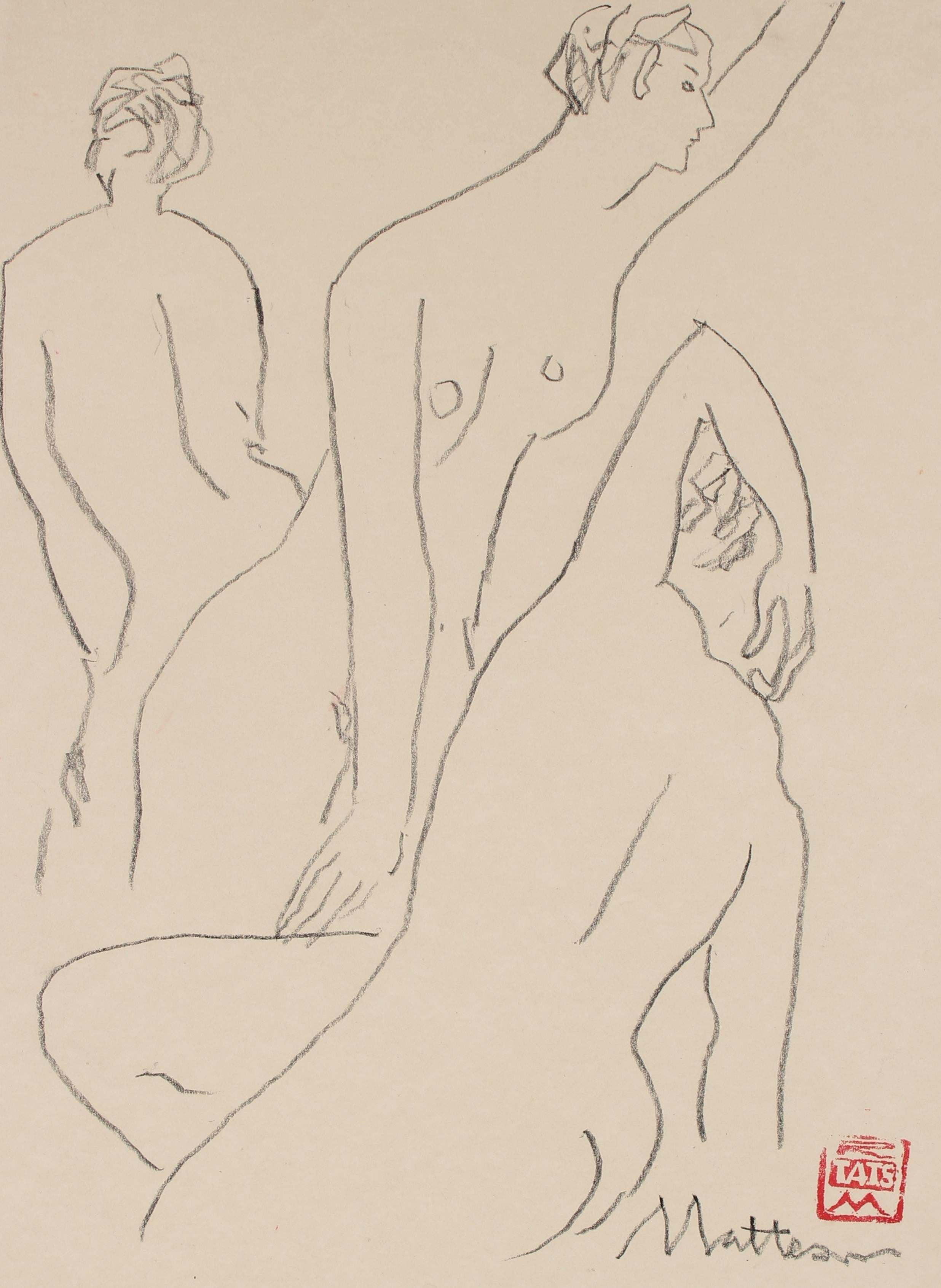 Rip Matteson Nude - Three Modernist Figures in Charcoal, 20th Century