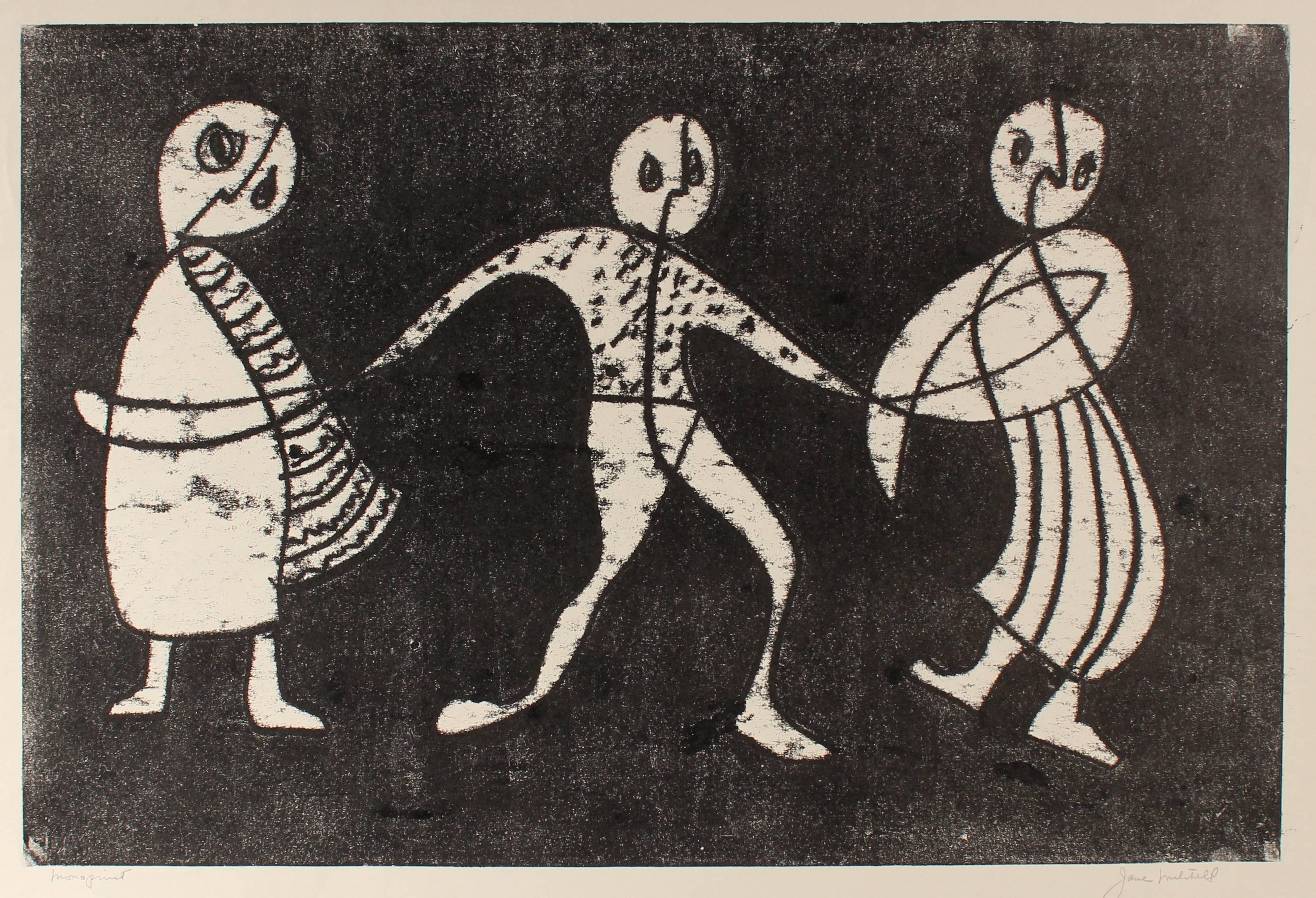 Jane Mitchell Figurative Print - Three Monochromatic Figures, Monotype, 1970s