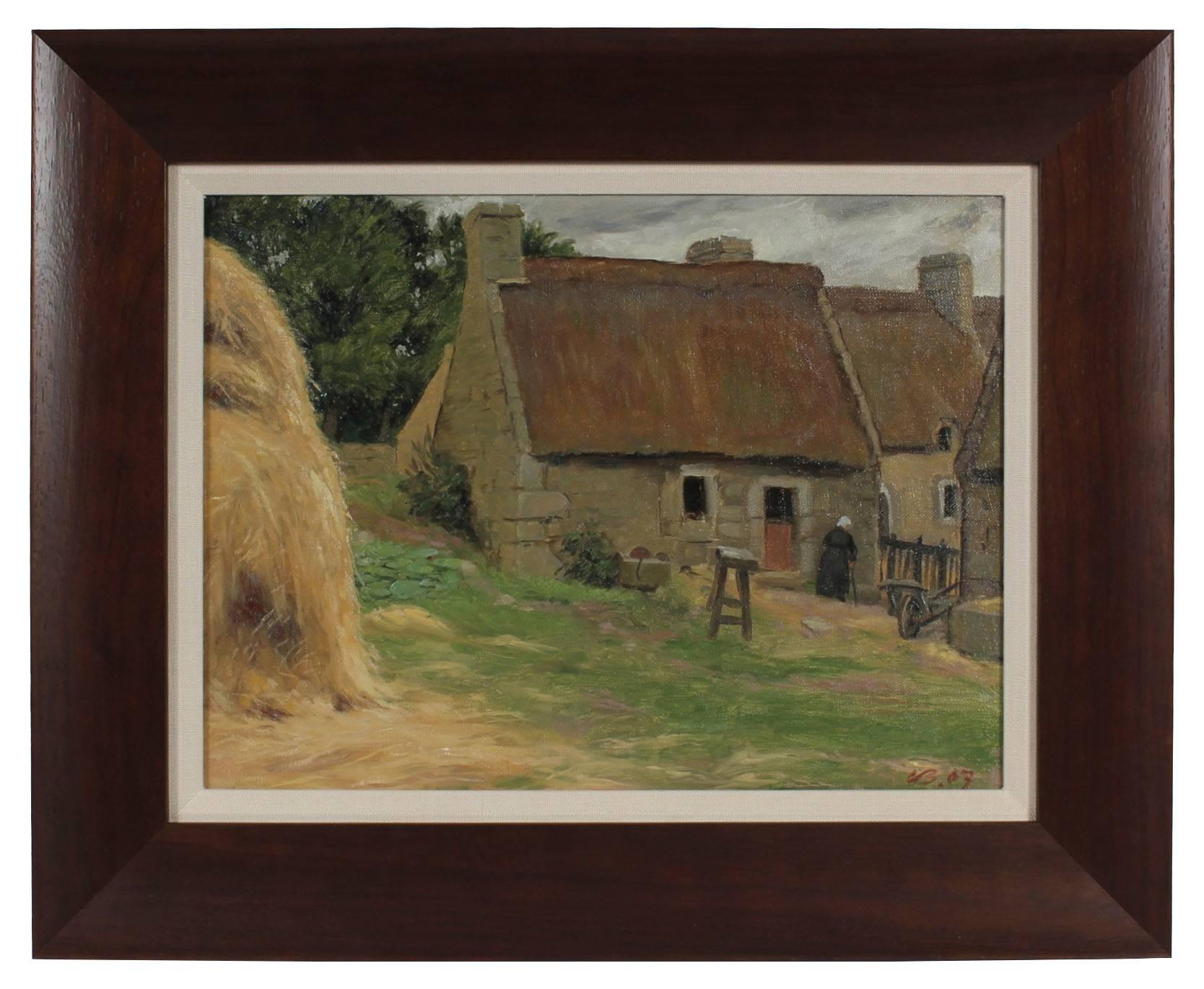 Carl Barnas Landscape Painting - "Farm in Brittany" European Countryside Landscape in Oil, 1903