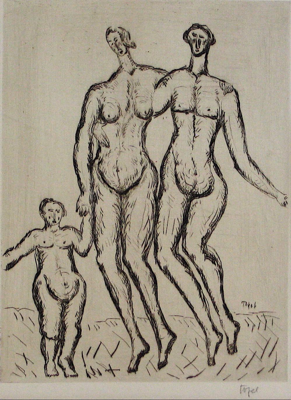 Jennings Tofel Figurative Print - Expressionist Figures with Child, Etching on Paper, Early 20th Century