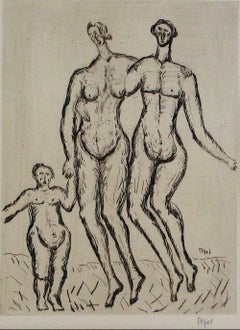 Expressionist Figures with Child, Etching on Paper, Early 20th Century