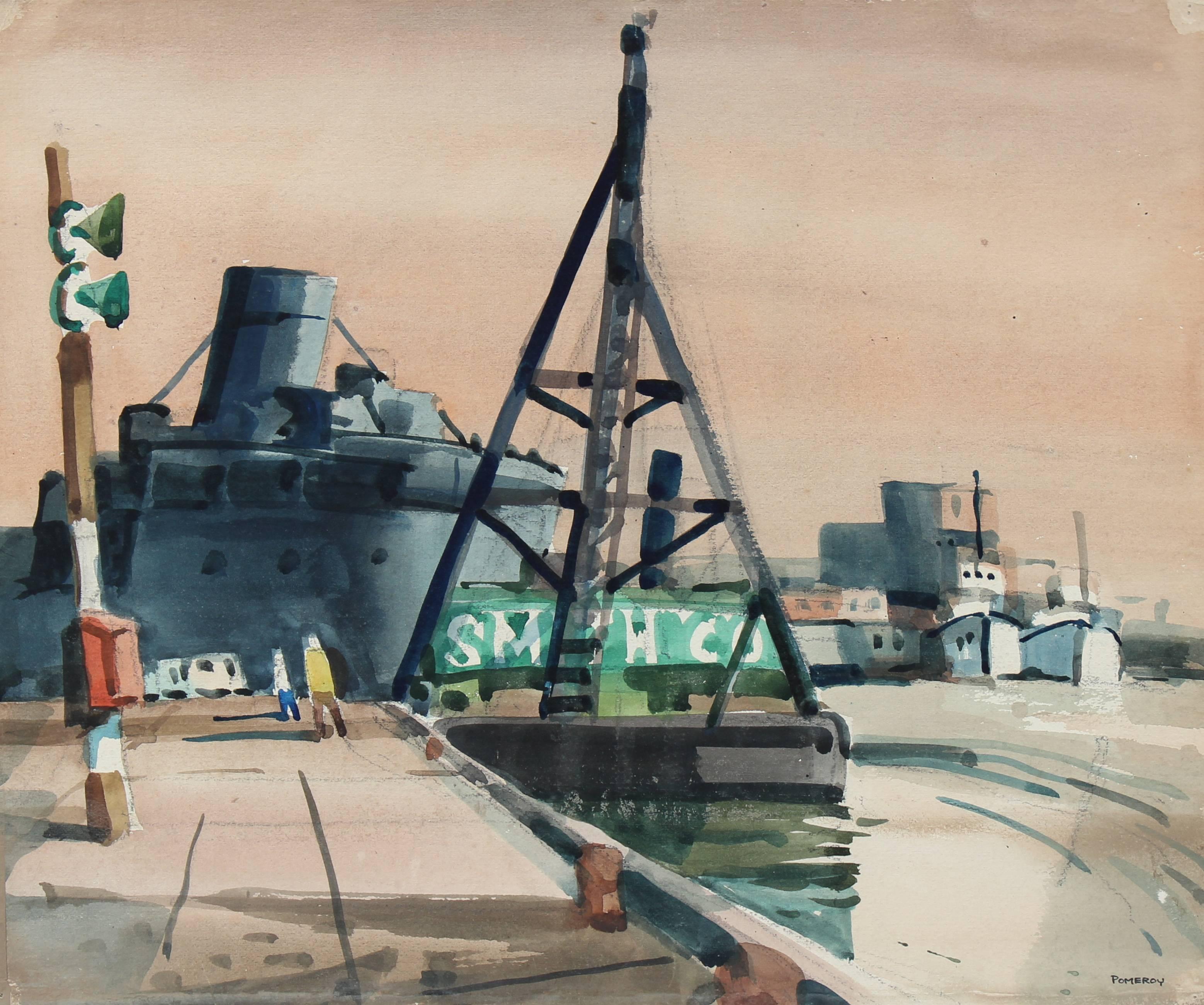 Frederick Pomeroy Landscape Art - Industrial Harbor Scene in Watercolor, Mid-Century